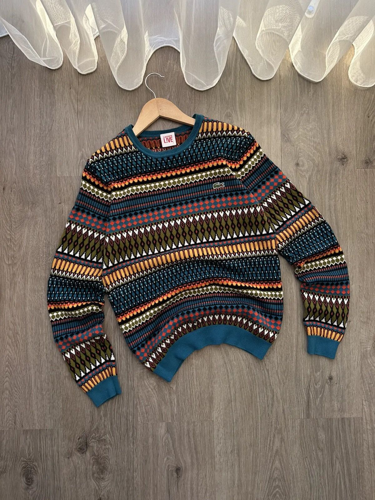 image of Lacoste Live Aztec Retro Navy Big Logo Sweater, Men's (Size Medium)