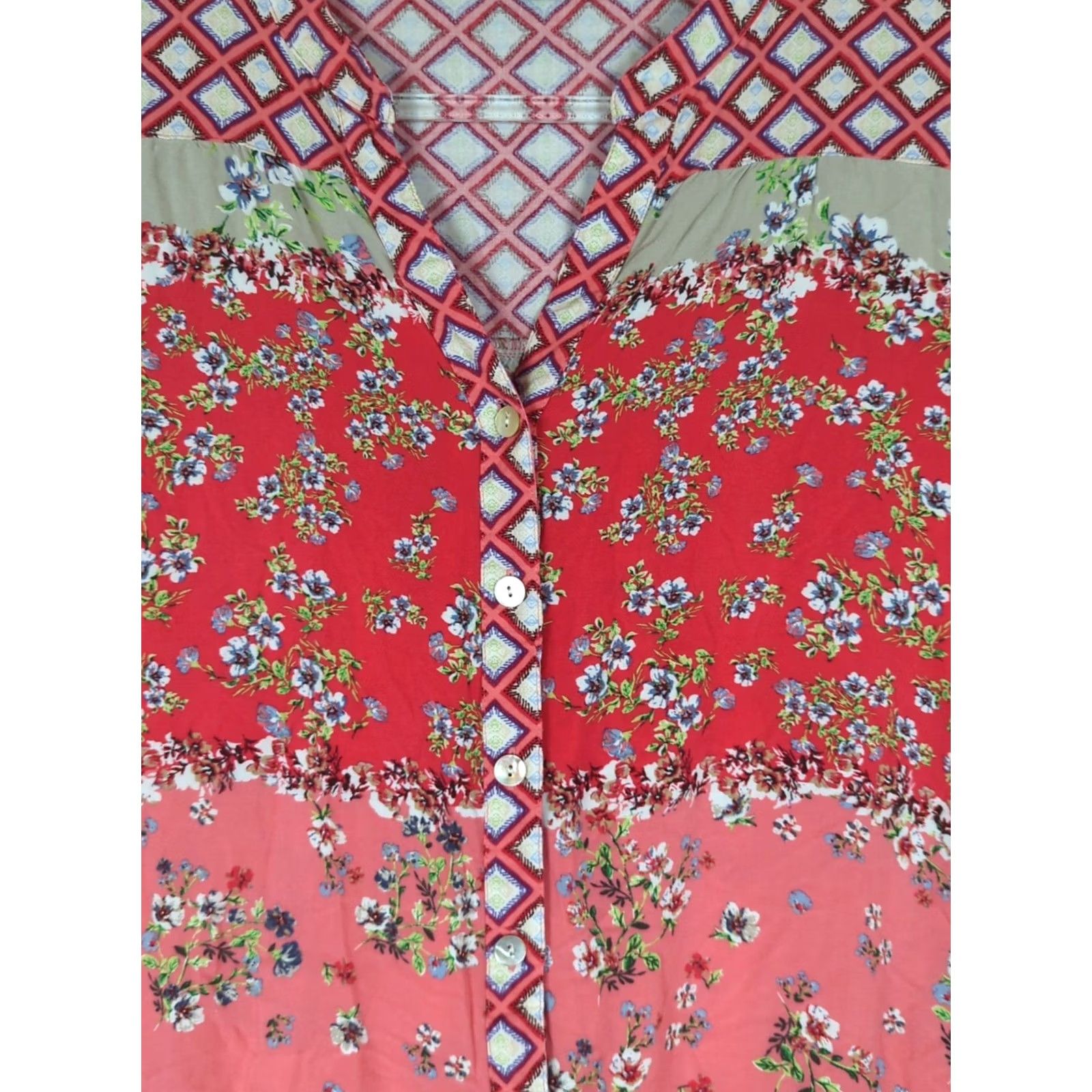 Anthropologie Anthropologie Olive Hill Boho Blouse Tunic Top Floral Multicolor L Womens V-Neck Roll Tab Sleeve House Holiday Party/Cocktail Travel Workwear Casual Size L / US 10 / IT 46 - 5 Thumbnail