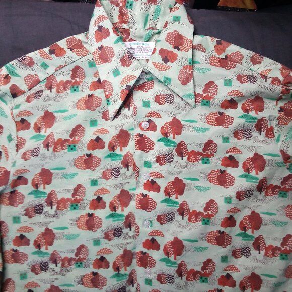 Vintage Vintage KMart MCM Trees Cloud House Polyester Disco Shirt Size L / US 10 / IT 46 - 1 Thumbnail