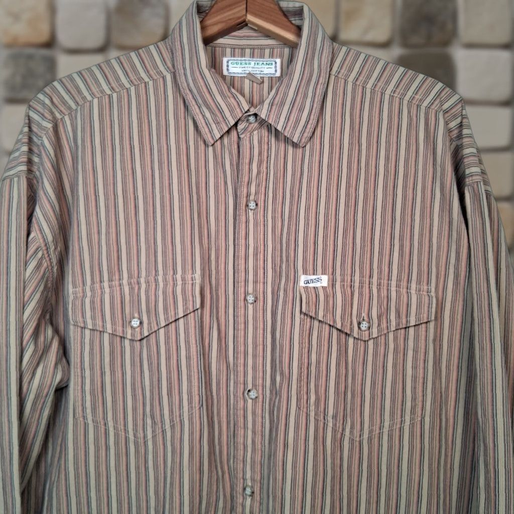 Guess VINTAGE Guess Jeans Shirt Men L Knit Striped Button-Up 1990s Beige Long Sleeve Mens Regular Collar Swing Tests Sample Size US L / EU 52-54 / 3 - 1 Thumbnail