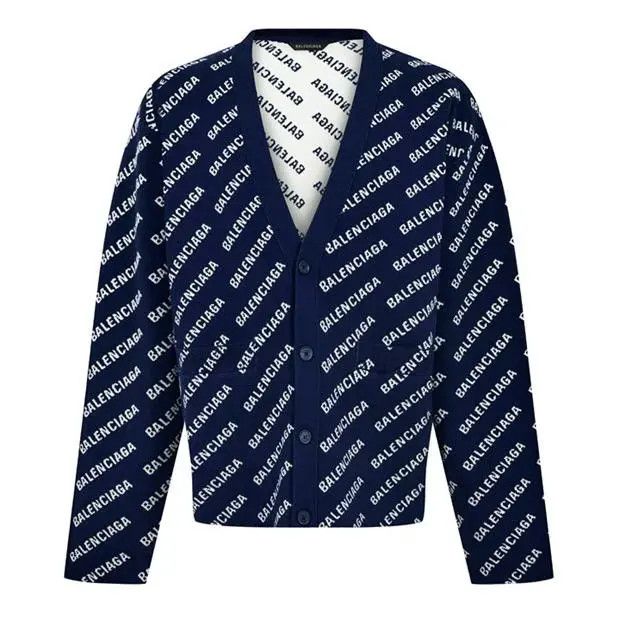image of Balenciaga O1W1Db10524 Mini Allover Logo Cardigans In Navy & White in Navy/White, Men's (Size Large