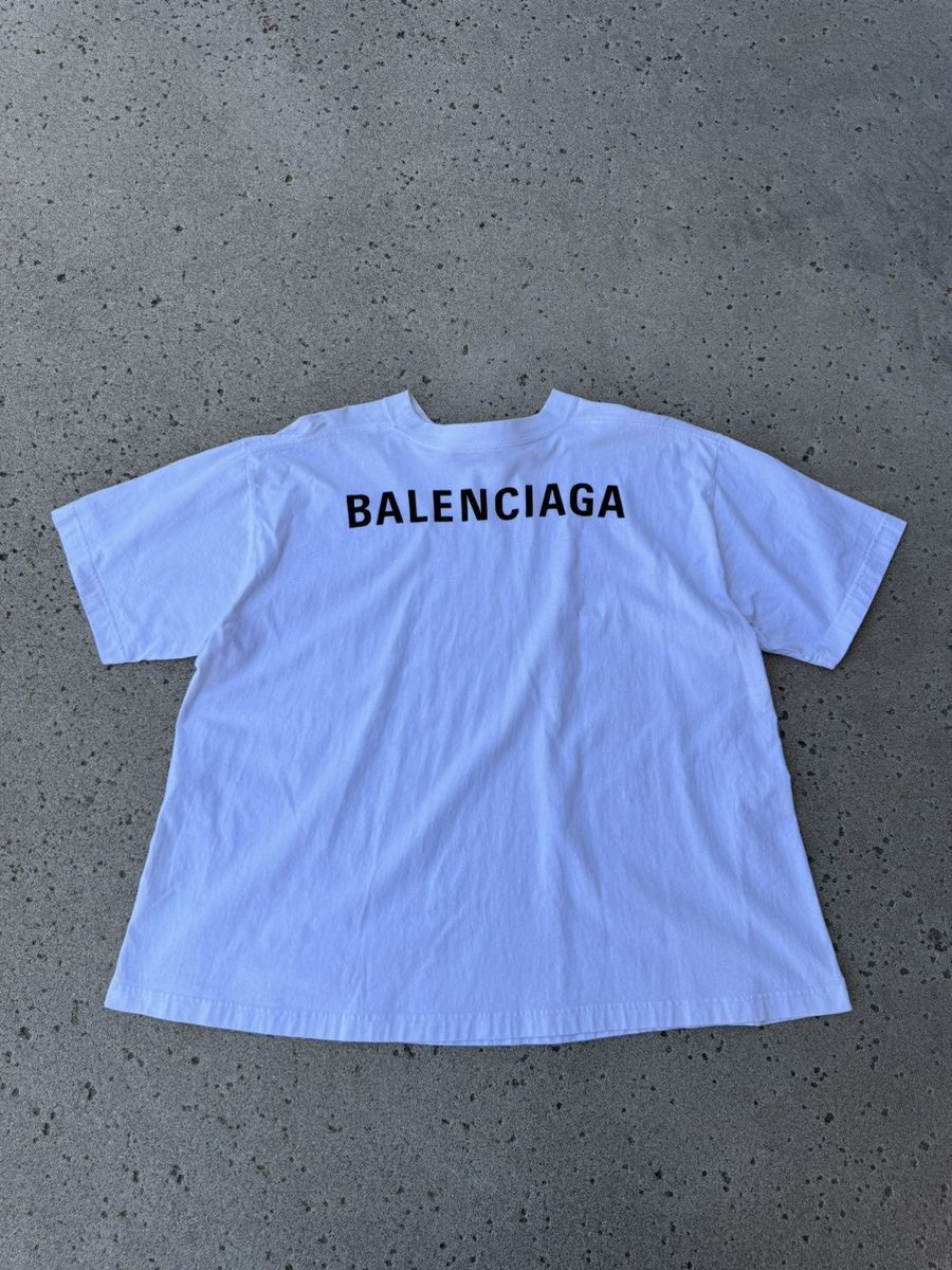 image of Balenciaga Cropped Spellout Tee in White, Men's (Size Small)