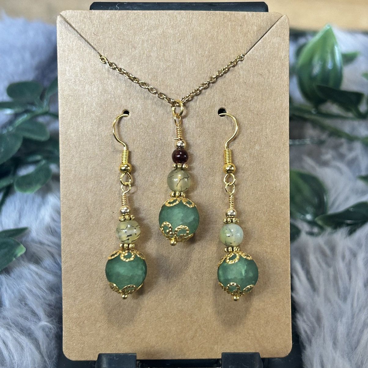Handmade Handcrafted green crackle glass dragon vein agate set Size ONE SIZE - 2 Thumbnail