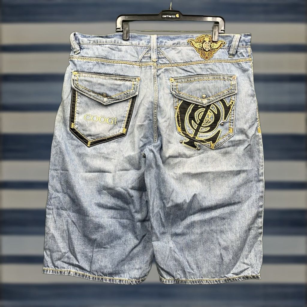VINTAGE COOGI Jeans Shorts Mens 44 Denim Embroidered Pockets 90s Hip Hop Colorful Baggy Grunge Skater Wide-Leg 5-Pocket Mens Color Blue