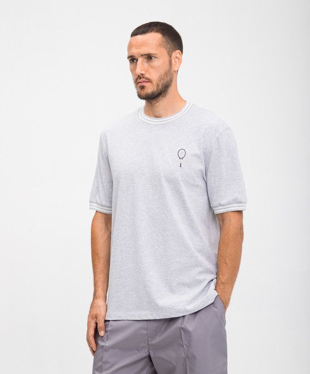 Brunello Cucinelli o1w1db10326 T-Shirt With Embroidered Tenis Logo in Grey Size US XS / EU 42 / 0 - 3 Thumbnail
