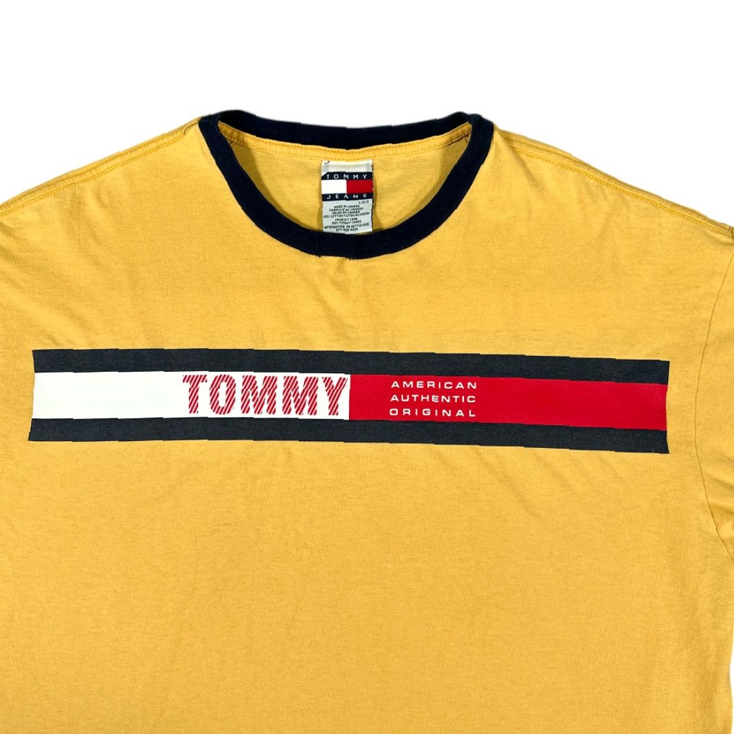 Tommy Hilfiger VINTAGE Tommy Hilfiger Shirt Adult LARGE Yellow Tommy Jeans Flag Logo Y2K Ringer Size US L / EU 52-54 / 3 - 3 Thumbnail