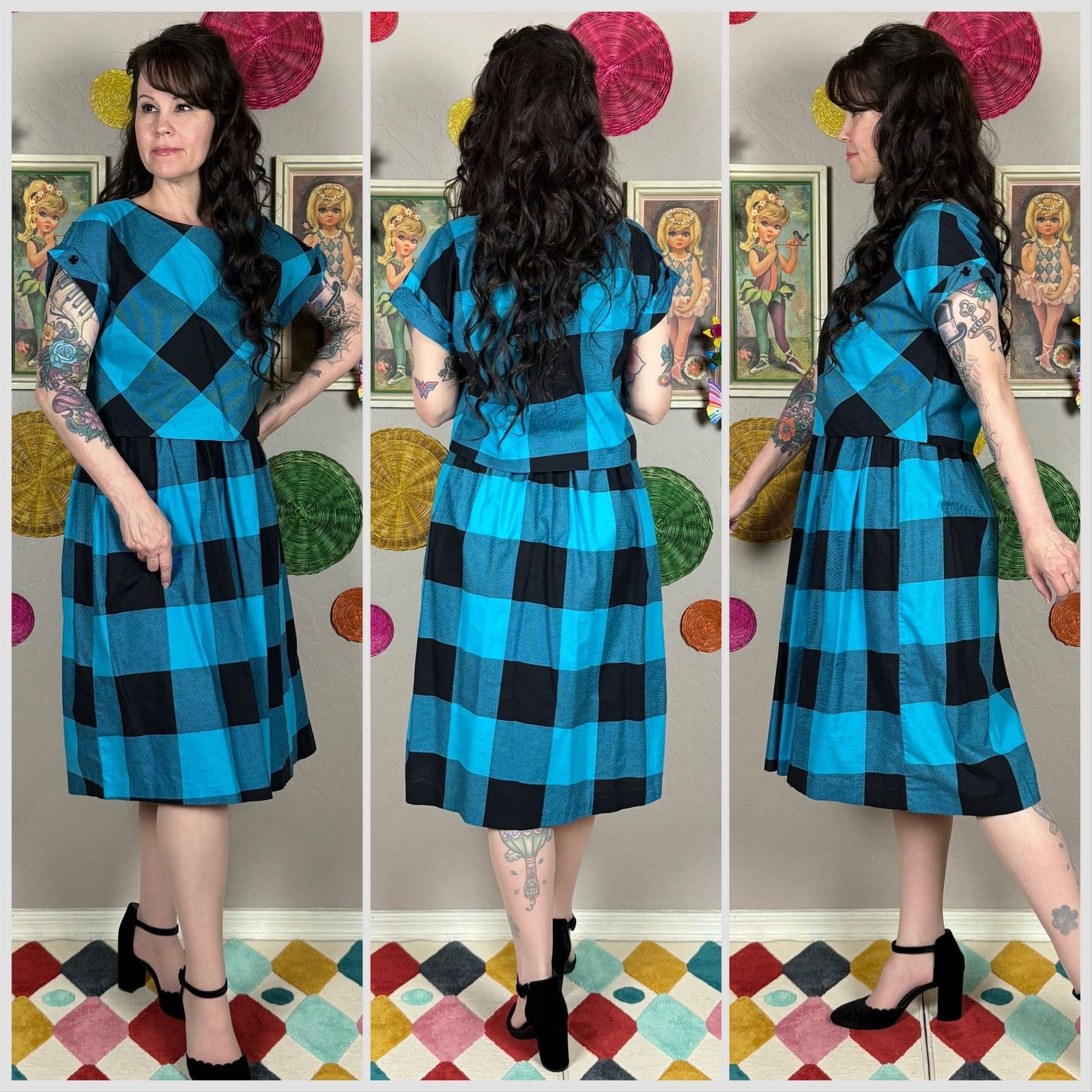 Vintage 1970s Blue & Black Buffalo Plaid Short Sleeve Midi Dress Set Size S / US 4 / IT 40 - 2 Thumbnail