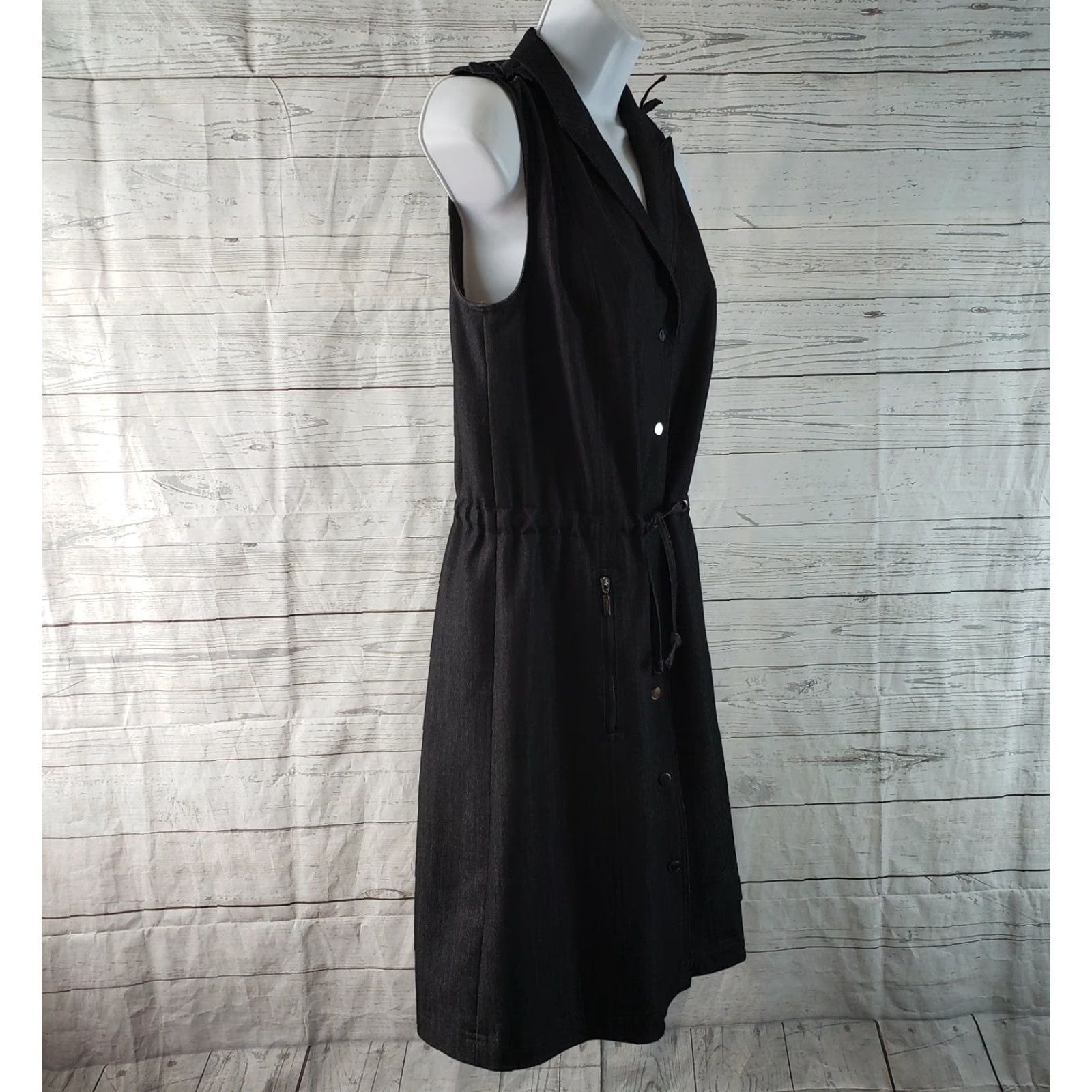 Calvin Klein Calvin Klein Womens Dress Sz 10 Black Sleeveless A-Line Knee Length Snap Buttons Drawstring Waist Collared Neckline Regular Womens Size L / US 10 / IT 46 - 3 Thumbnail