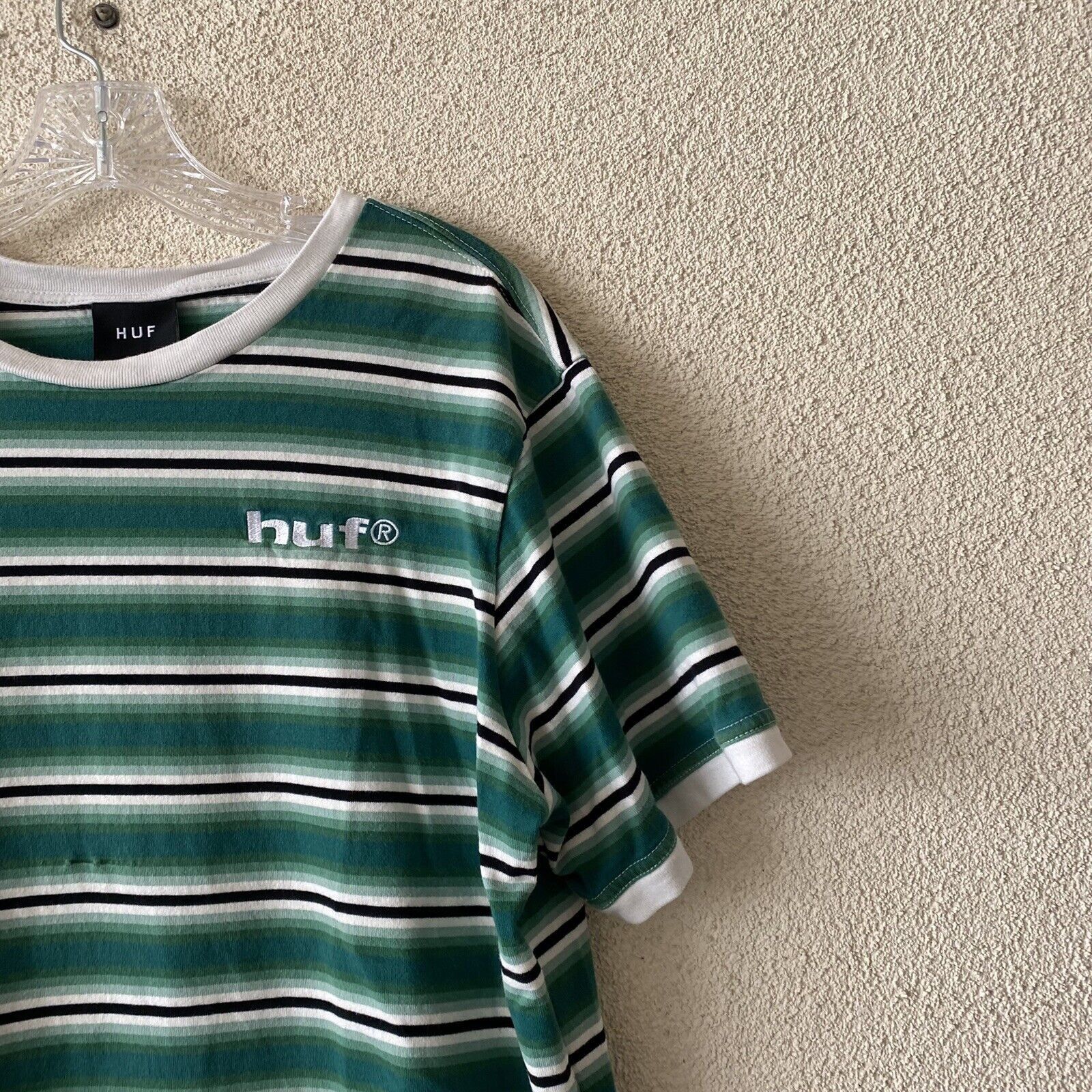 Huf HUF Mens Top Green White Stripe 100% Cotton Tee S/S T-Shirt Size US L / EU 52-54 / 3 - 4 Thumbnail