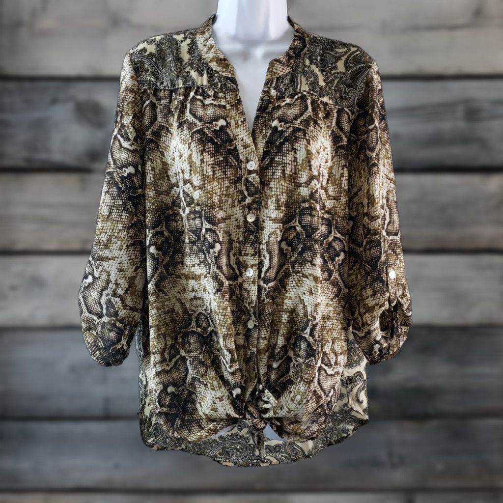 Vintage Fig & Flower Womens Button Front Shirt Large Black Brown Animal Print Paisley Size L / US 10 / IT 46 - 1 Thumbnail