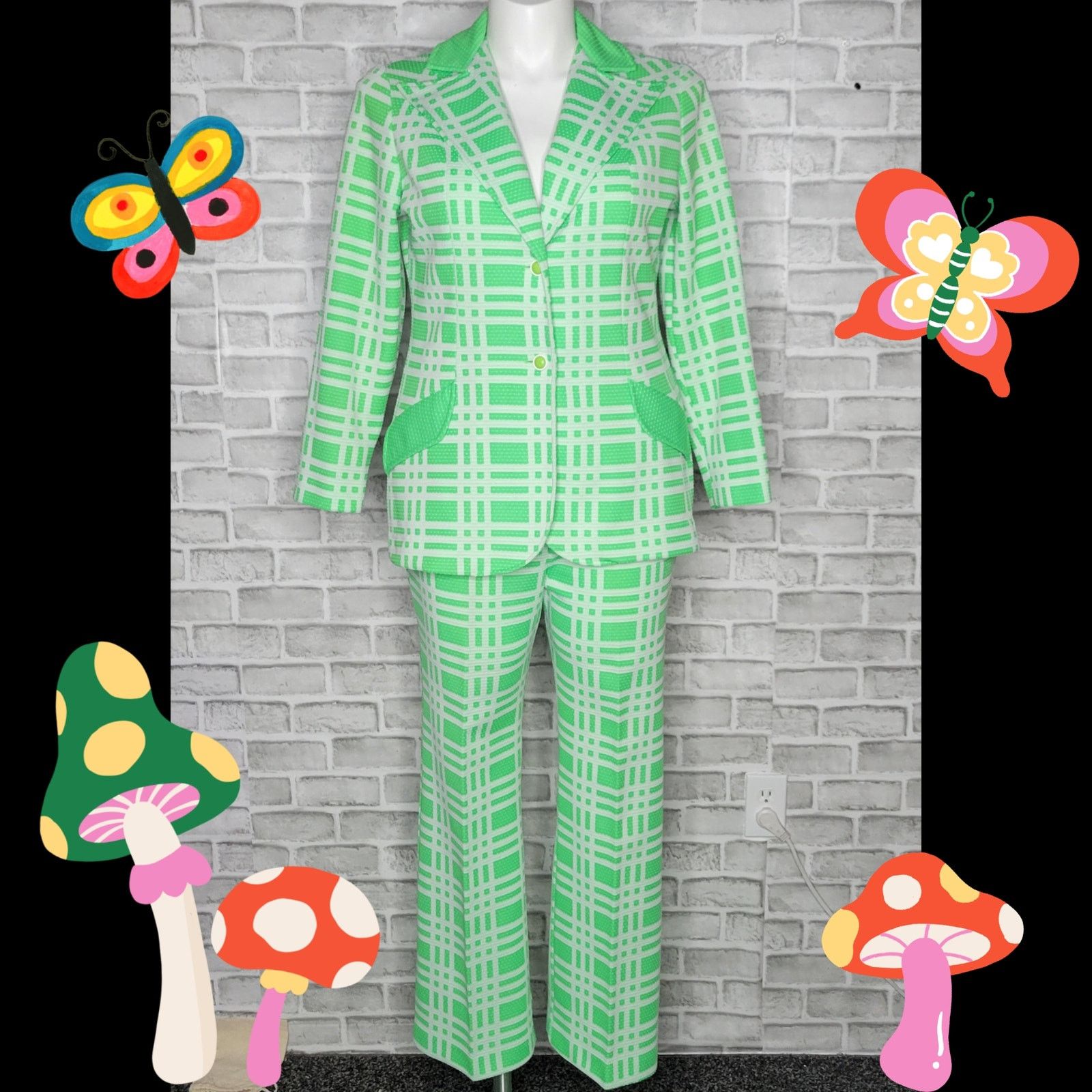 Vintage Vintage Neon Green/White Plaid & Polka Dot 3 Piece Set Size 34" / US 12 / IT 48 - 4 Thumbnail