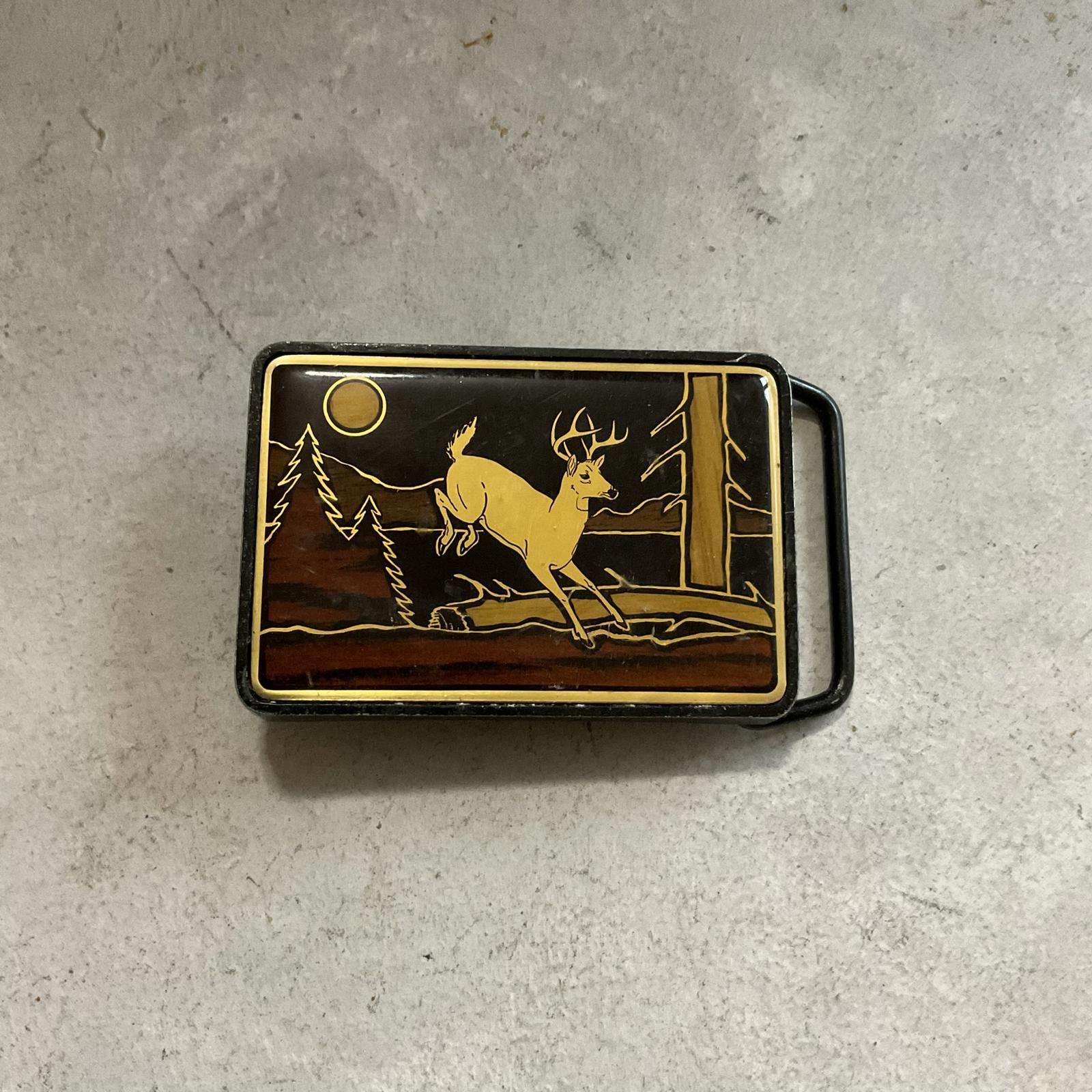 Vintage vintage 1984 wood inlay deer solid brass belt buckle Size ONE SIZE - 1 Thumbnail