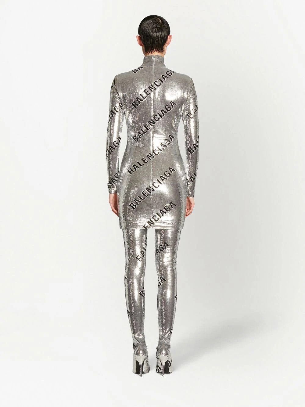 Balenciaga o1mt1gz1124 Allover Logo Embroidered Dress in Silver Size XXS / US 00 / IT 34 - 4 Thumbnail
