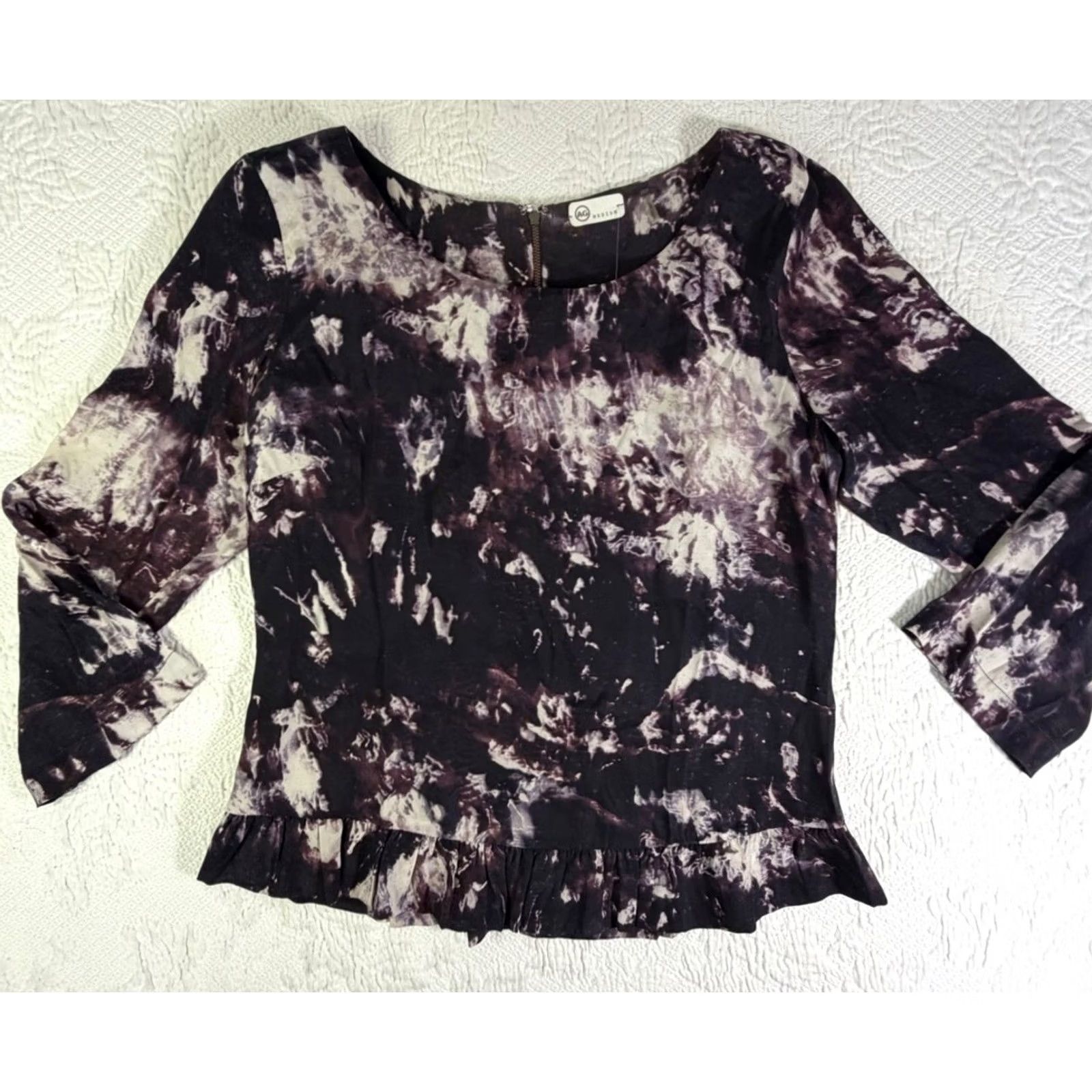 Vintage AG Adriano Goldschmied 100% Silk Tie Dye Ruffle Blouse - Plum/Purple M Women Shirt Size M / US 6-8 / IT 42-44 - 2 Thumbnail