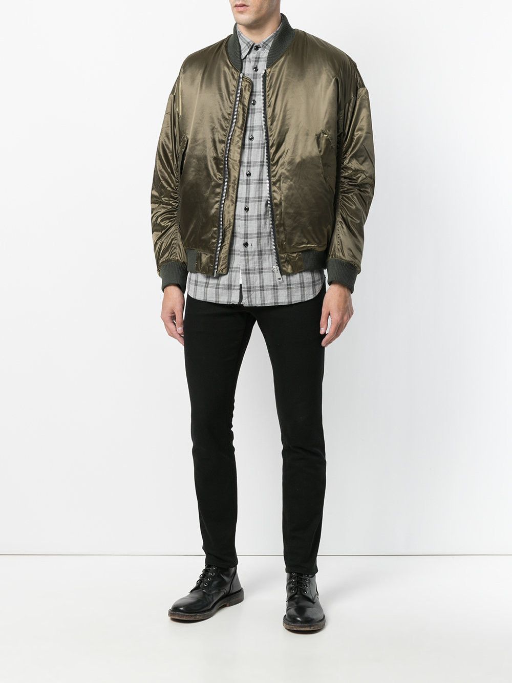 Represent Puffy Satin Olive Bomber Jacket