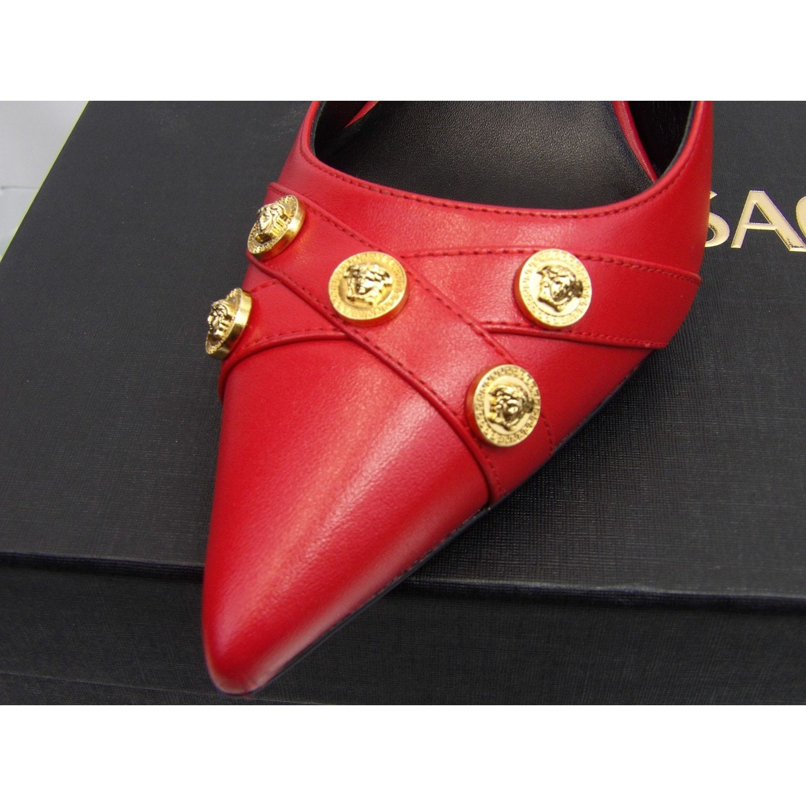 Versace VERSACE RED LEATHER GOLD MEDUSA LOGO STUDS SANDALS PUMPS 37 Size US 7 / IT 37 - 7 Thumbnail