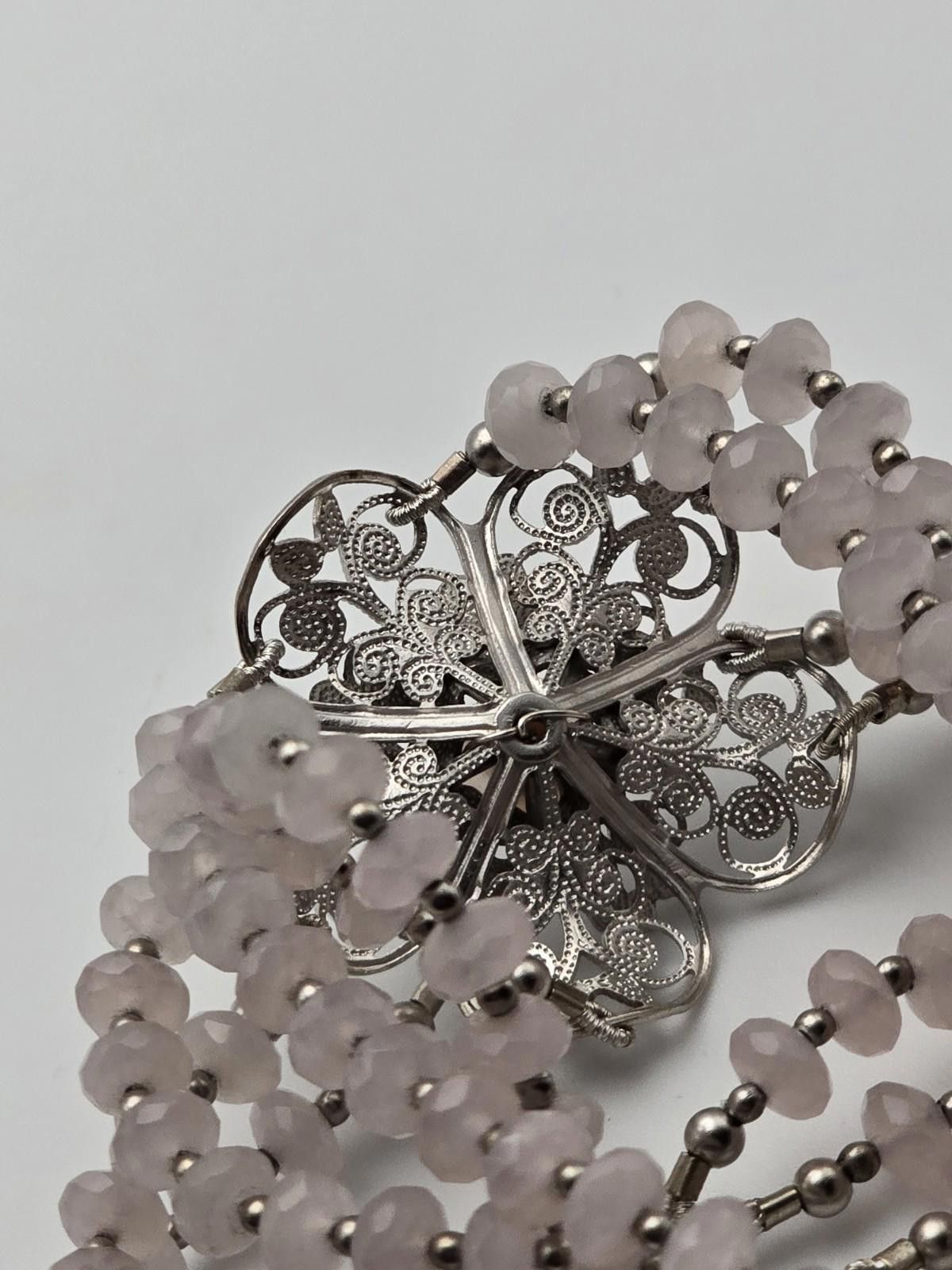 Other Sterling Silver Pink Quartz Bead Bracelet Filigree Flower Size ONE SIZE - 4 Thumbnail