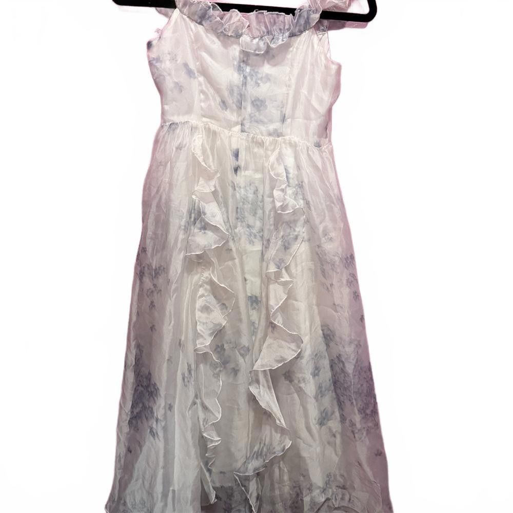 Designer Elegant Ruffled Maxi Dress - Light Blue Marble Design Size S / US 4 / IT 40 - 1 Thumbnail