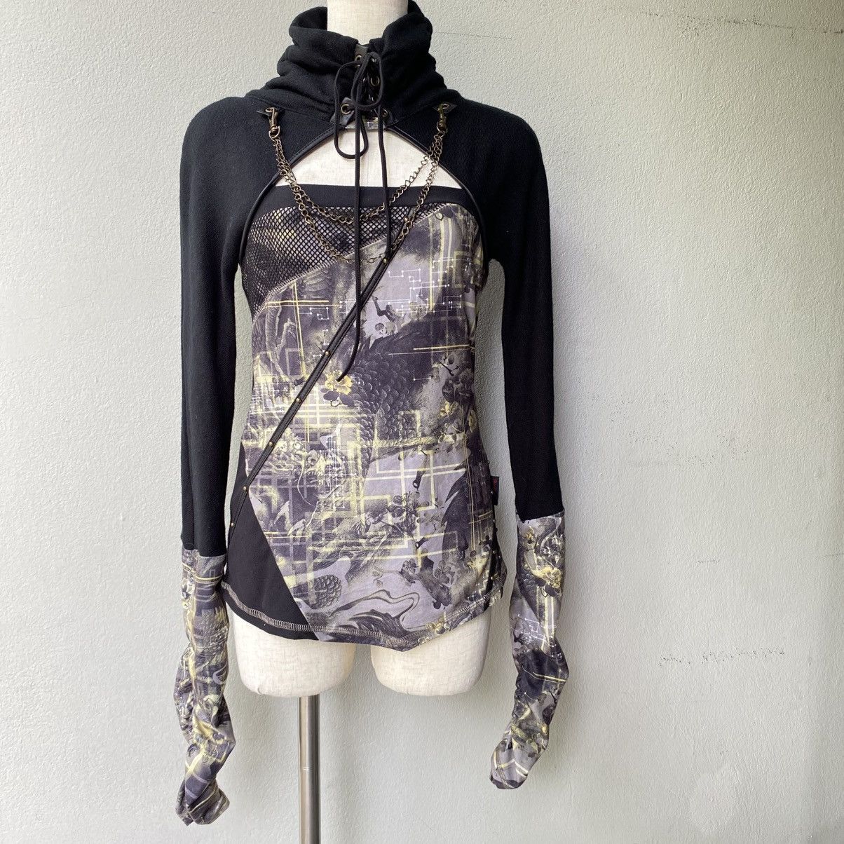 Japanese Brand OZZ CROCE Y2K Punk Black Dragon Print Layered Top Size S / US 4 / IT 40 - 1 Thumbnail