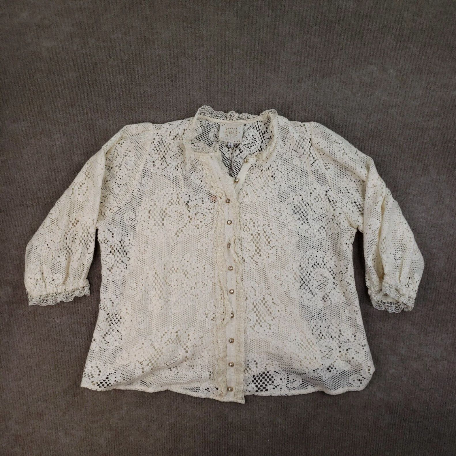 image of Johnny Was Top Womens XL White Cream Lace Betty Blouse Doily 3/4 Sleeve Boho