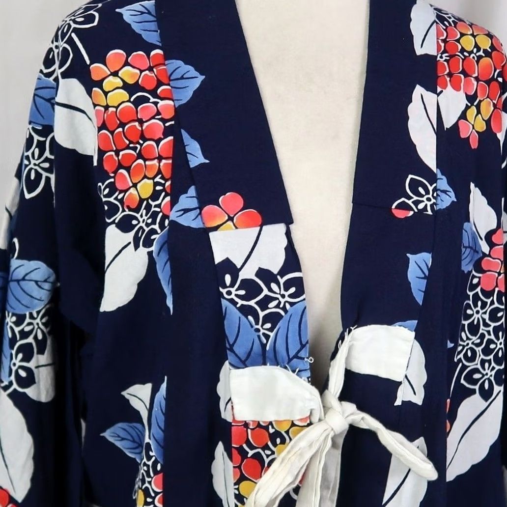 Vintage VINTAGE Navy Blue Floral Cotton Kimono Robe Duster Women One Size Bohemian Size ONE SIZE - 2 Thumbnail