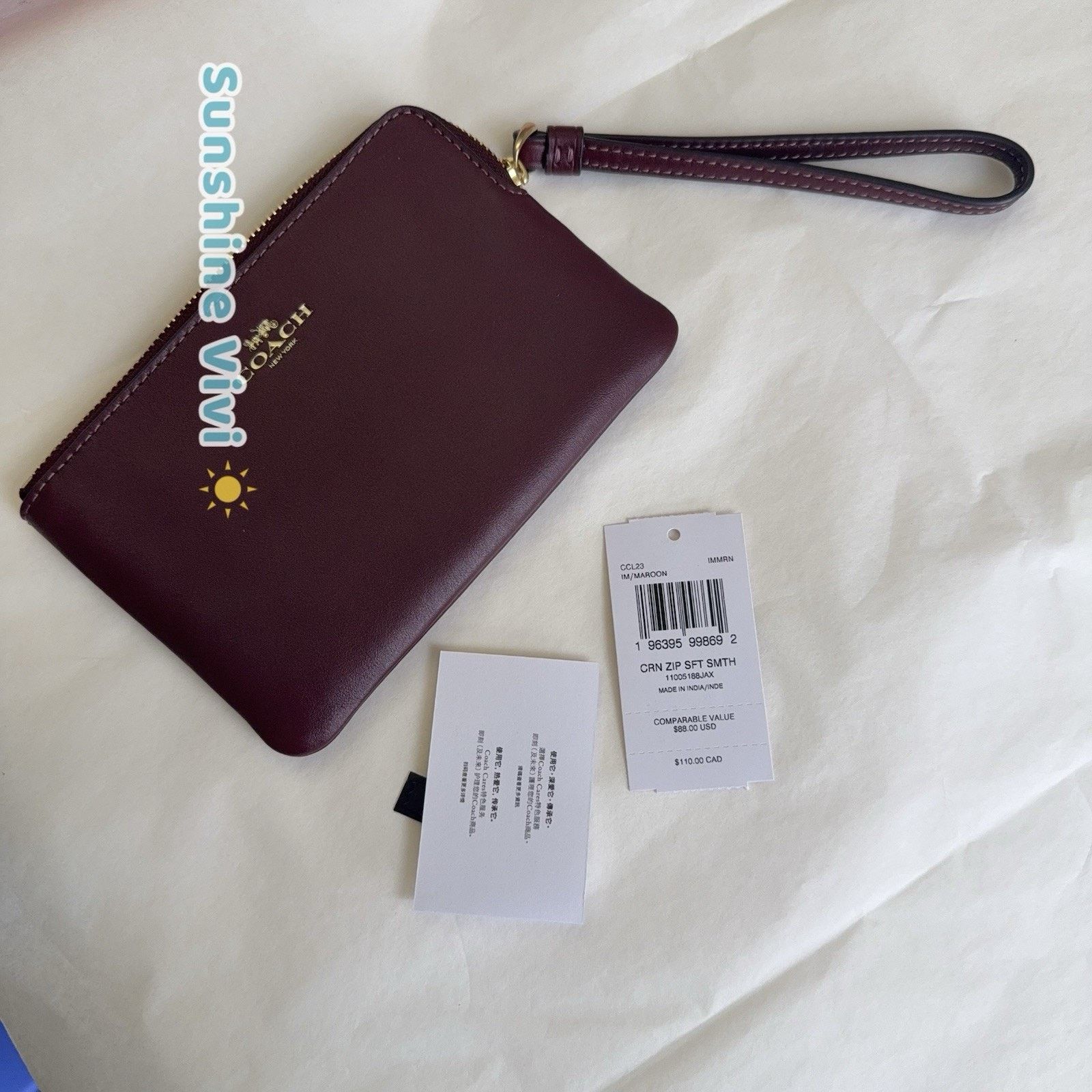 Coach NWT Coach Corner Zip Wristlet In Leather Maroon CCL23 Size ONE SIZE - 5 Thumbnail