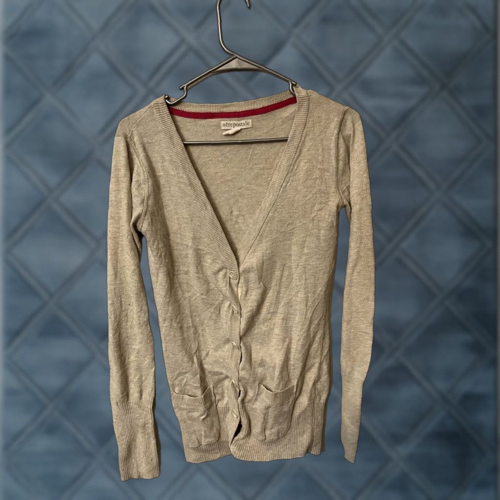 Vintage AEROPOSTALE Cardigan Sweater Medium Womens Beige Hooded Button Heavyweight Waffle-Knit Ramie Knit Long Sleeve Juniors Size M / US 6-8 / IT 42-44 - 1 Thumbnail