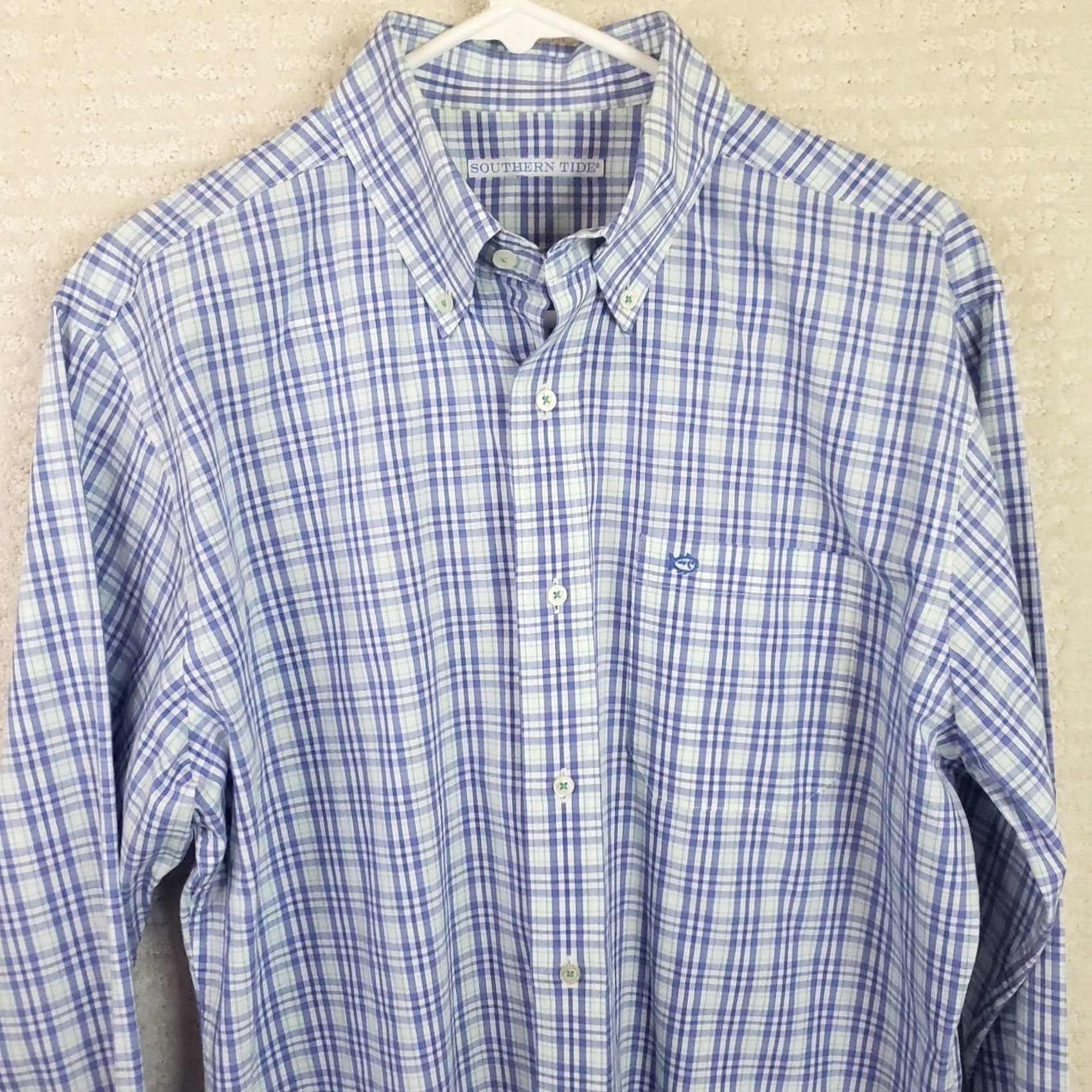 Southern Tide Southern Tide Button-Down Shirt Blue Plaid Long Sleeve Men L Dress Shirt Vintage? No. Size 42R - 2 Thumbnail