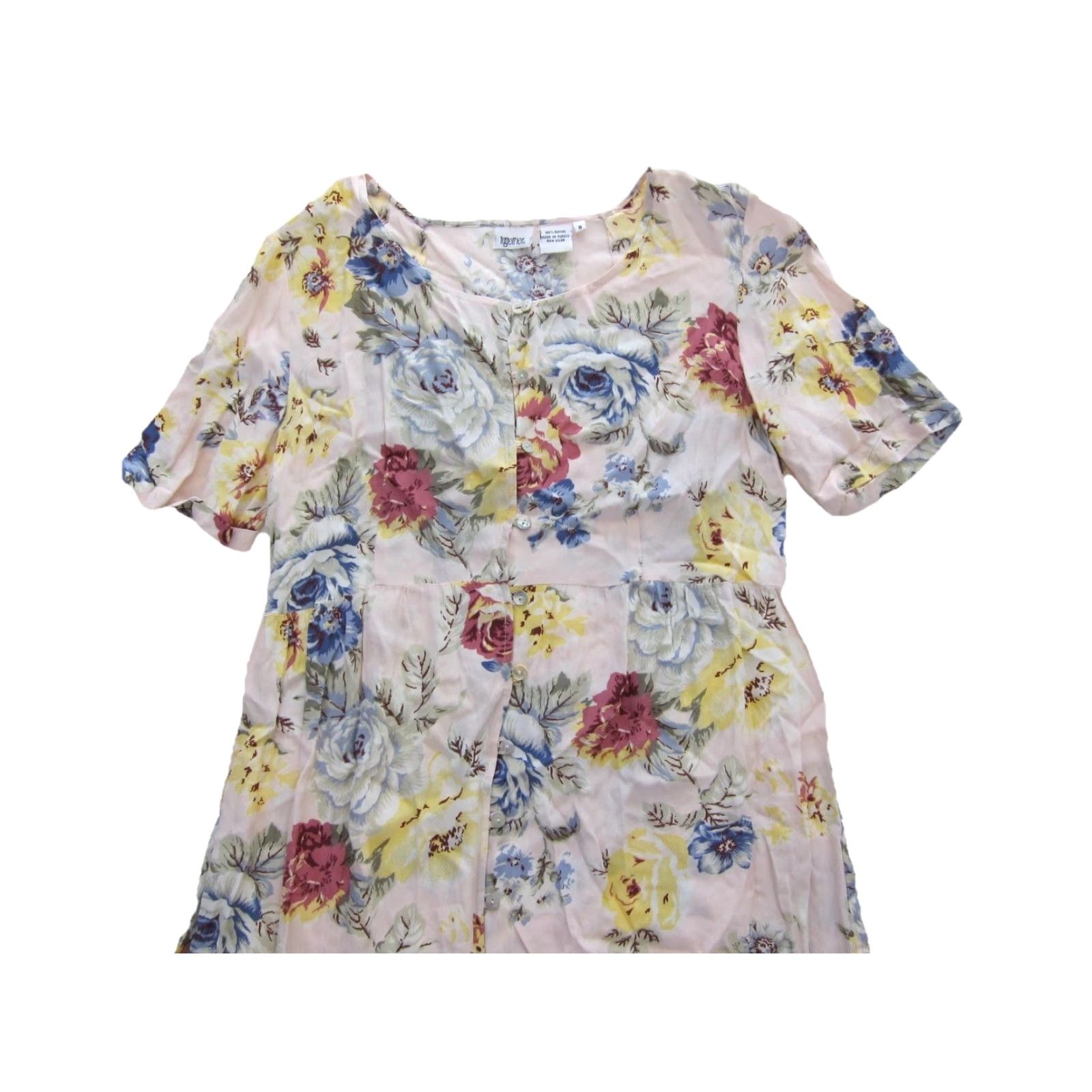 Vintage VINTAGE Together Dress Cottage Rose Floral Button Down Rayon 8 Pink Blue Yellow Size M / US 6-8 / IT 42-44 - 5 Thumbnail