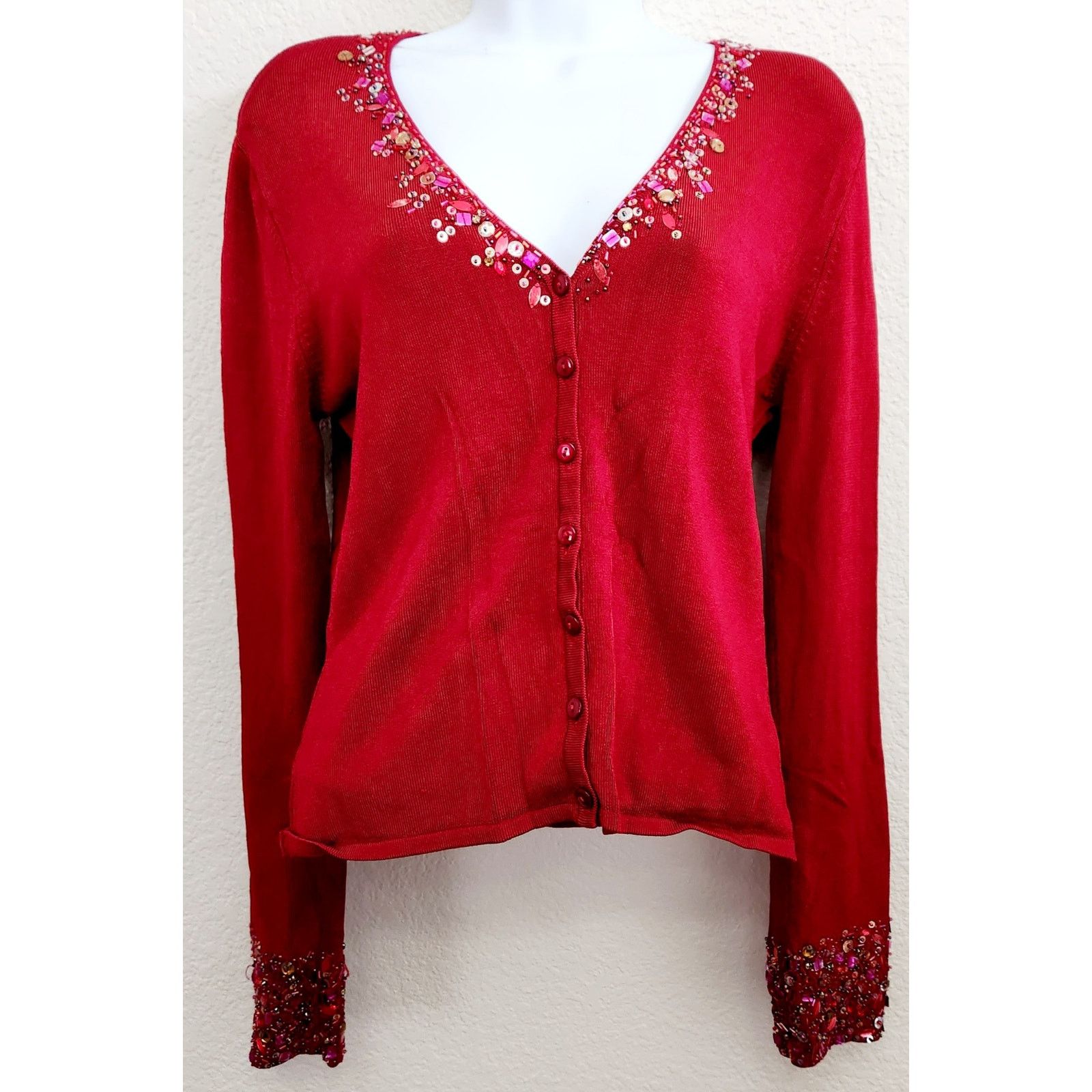 Bloomingdale's VTG Bloomingdale's Red Beaded V Neck Sleeves Cardigan Small Size S / US 4 / IT 40 - 1 Thumbnail