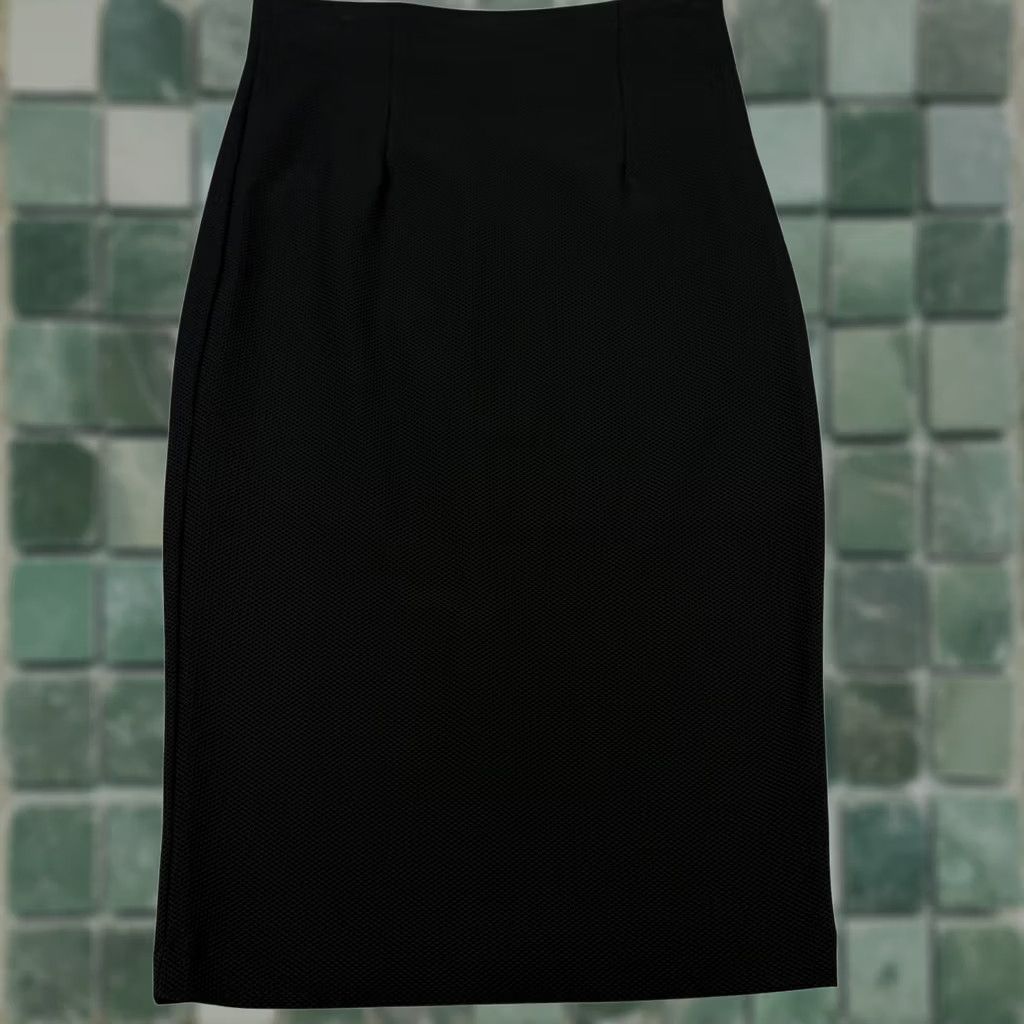 Vintage Philosophy Black Textured Pencil Midi Skirt Size 8 Back Slit Side Zip Women Size 30" / US 8 / IT 44 - 1 Thumbnail