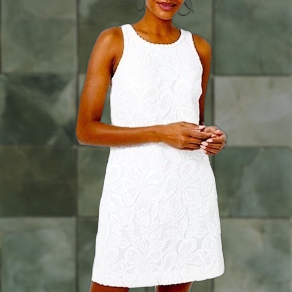 Lilly Pulitzer Lilly Pulitzer MARQUETTE SHIFT DRESS Resort White Wildflower Stripe Lace L Womens Knee Length Fit & Flare Polyester Lace Dress Size L / US 10 / IT 46 - 1 Thumbnail