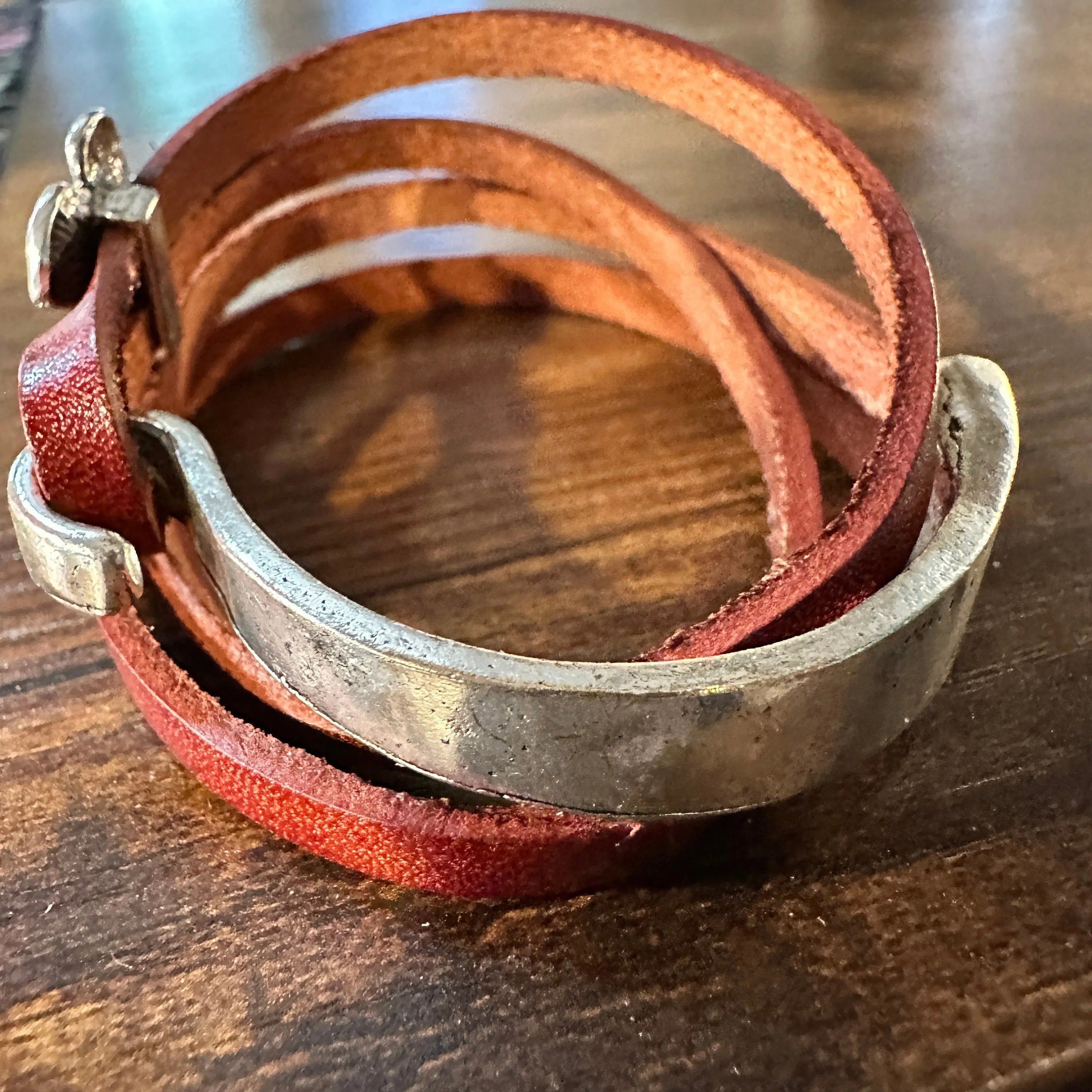 Other Brown Leather Flower Bracelet, Double Wrap, Boho Flower Leat Size ONE SIZE - 4 Thumbnail