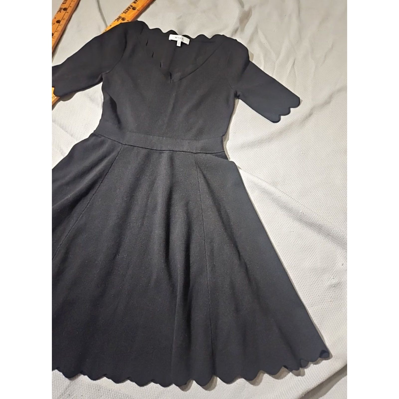 MILLY MILLY Dress Womens S Black Scallop Details Fit Flare Knee Length Stretch Grunge Size S / US 4 / IT 40 - 4 Thumbnail
