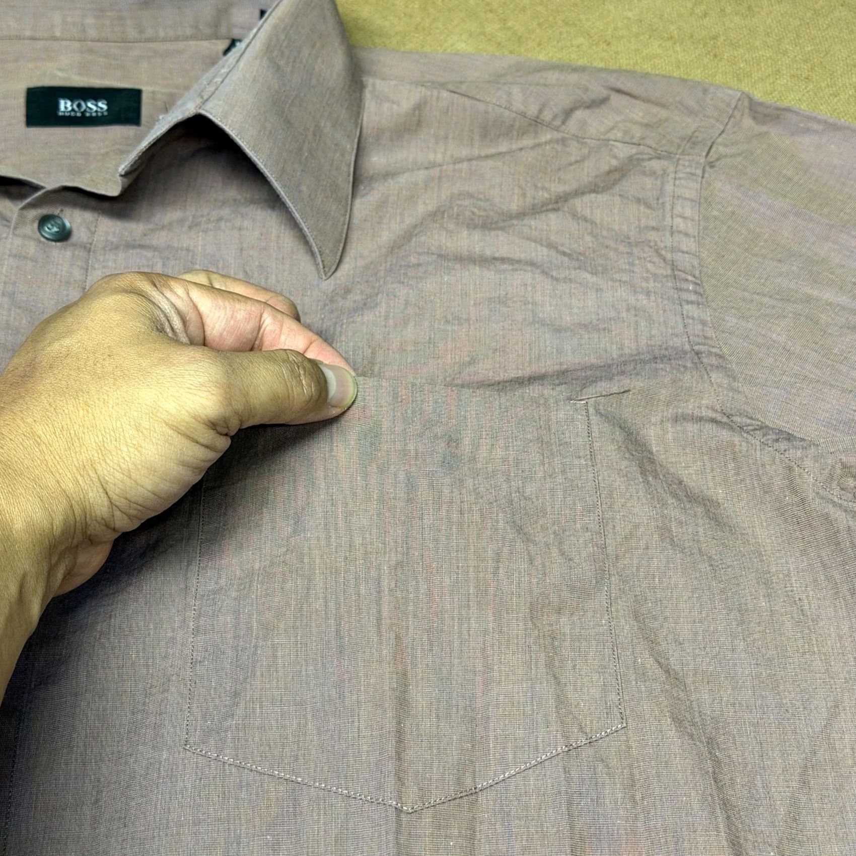 Hugo Boss HUGO BOSS Shirt Mens 17.5 Brown Solid Long Sleeve Button Front Dress Cotton Size 48R - 4 Thumbnail