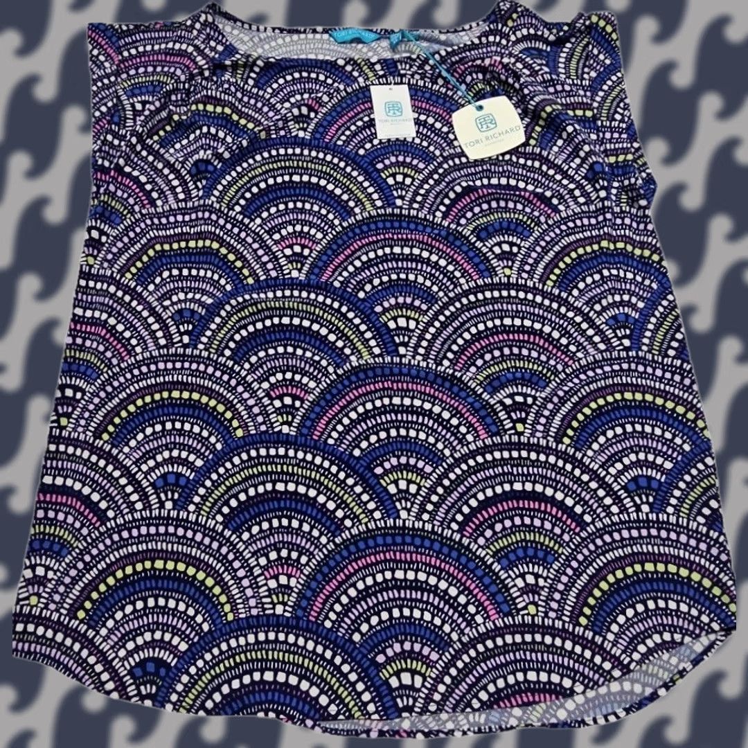 Tori Richard Tori Richard Blouse Womens XL Purple Geometric Print Hawaii Honolulu Sleeveless Scoop Pullover Crepe Knit Lightweight Breathable NWT Size XL / US 12-14 / IT 48-50 - 1 Thumbnail