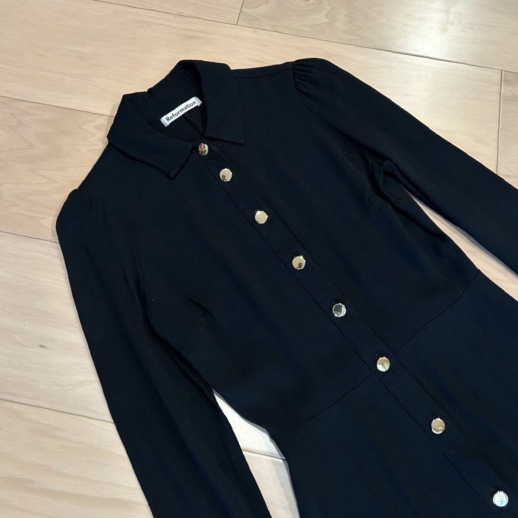 Reformation Hugh Mini Dress Black Long Sleeve Collared Button Short Knit 2  Womens Casual Party/Cocktail