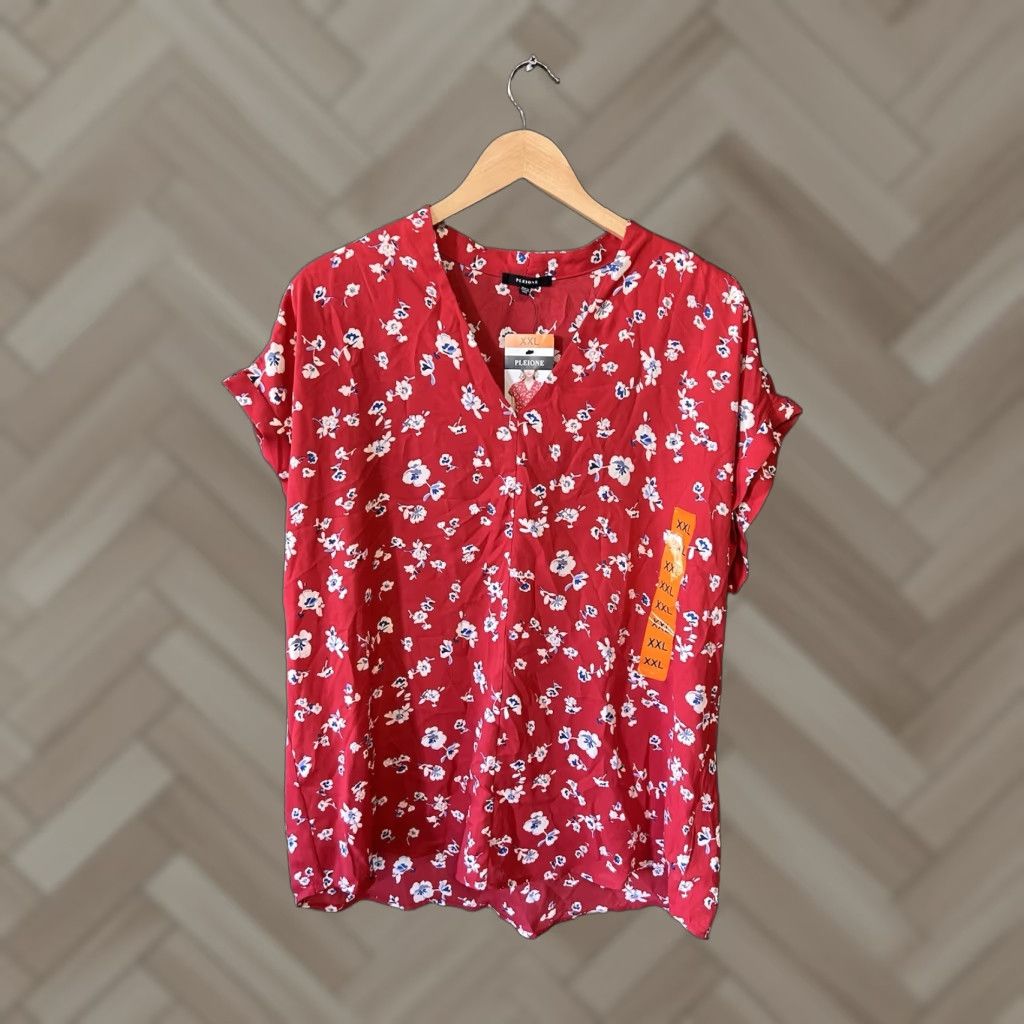 Vintage Pleione Women's Red Floral Short Sleeve Blouse 2XL NWT Size XXL / US 16-18 / IT 52-54 - 1 Thumbnail