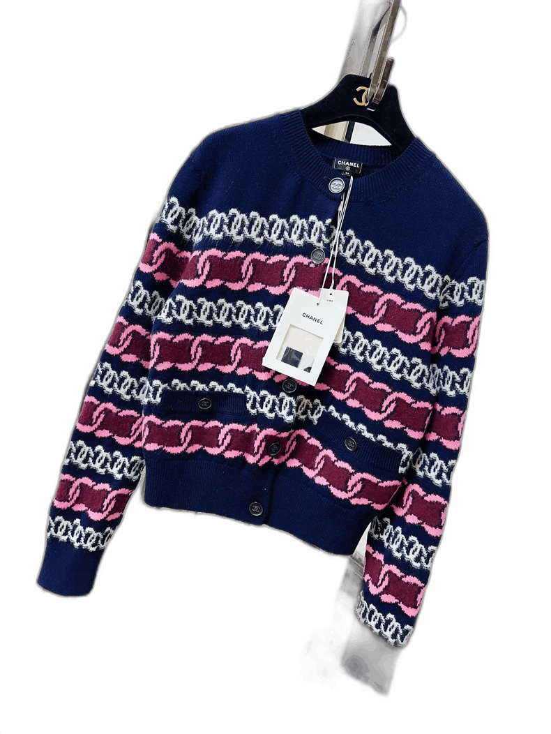 Chanel Chanel Striped Logo Cashmere Cardigan Navy Blue Size S / US 4 / IT 40 - 1 Thumbnail