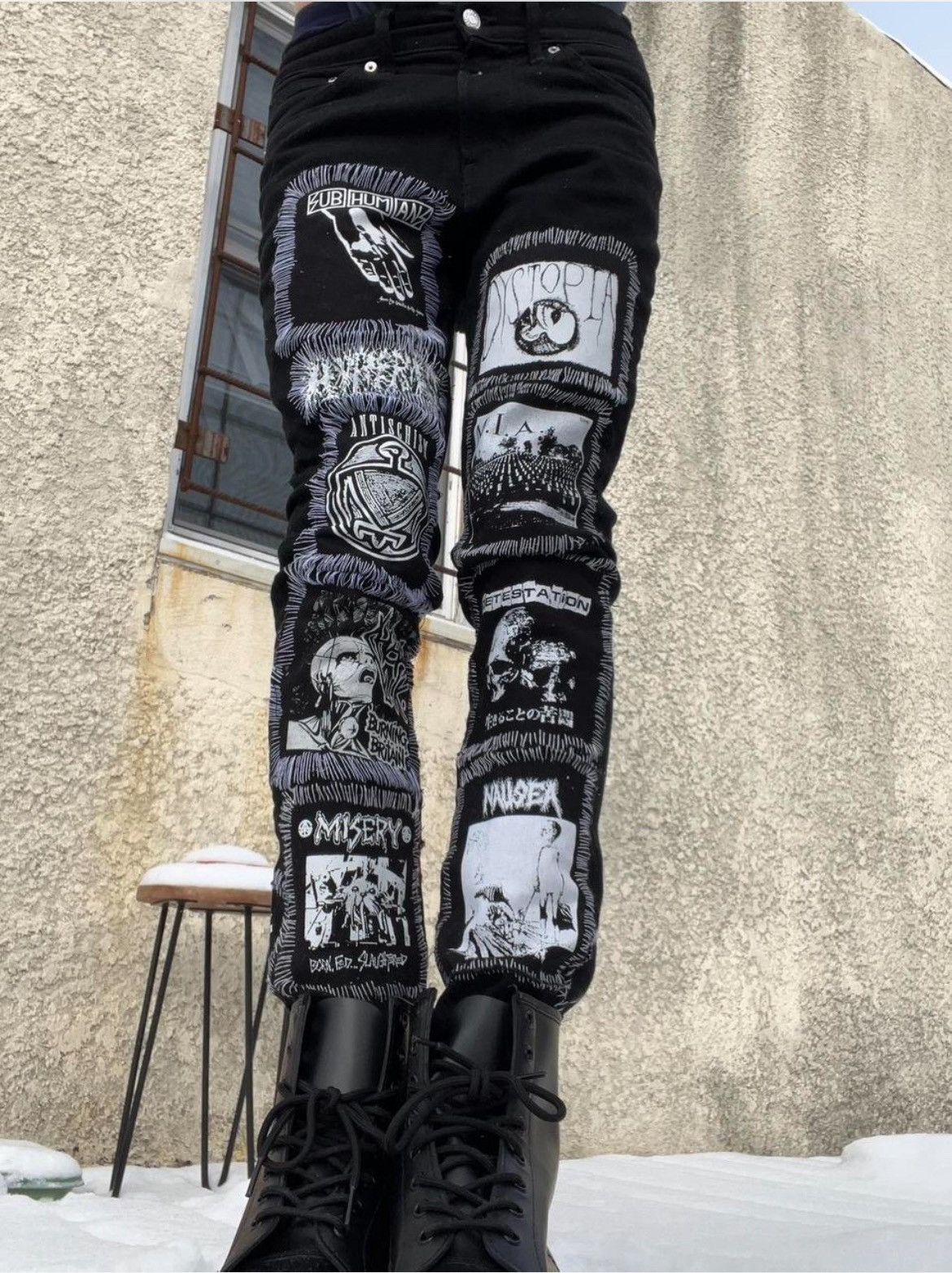H&M Crust pants skinny jeans Black & white handsewn black denim Size US 30 / EU 46 - 4 Thumbnail