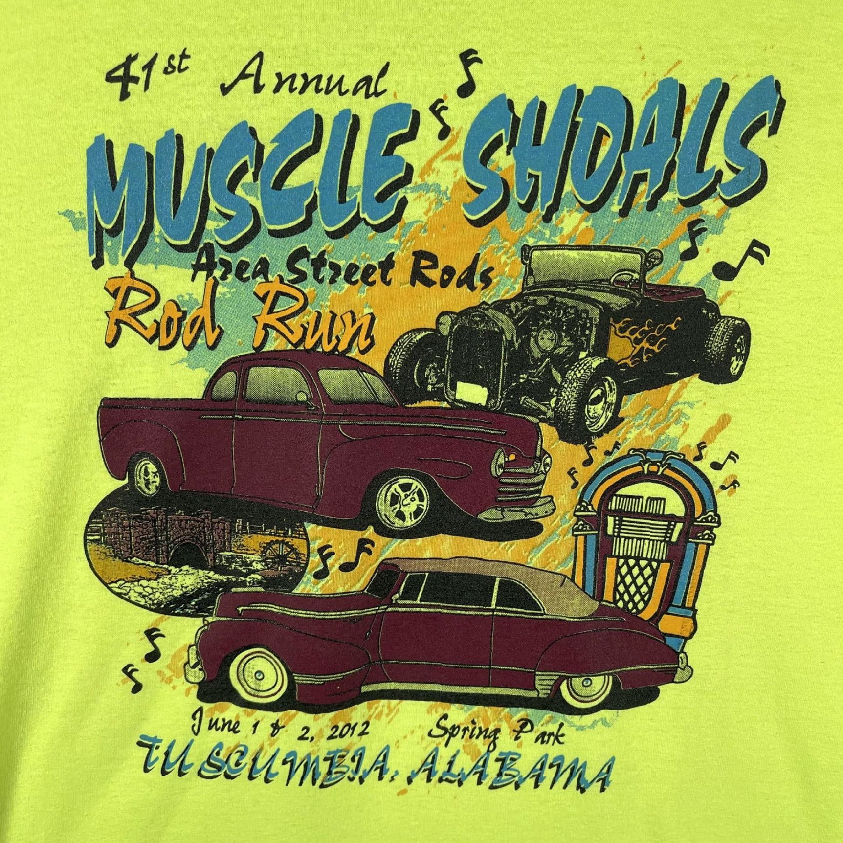 Jerzees Jerzees Shirt Mens Large Yellow Muscle Shoals Rod Run 2012 Tee Car Show Jukebox Graphic Print Muscle Shoals Alabama Vintage No N/A Size US L / EU 52-54 / 3 - 4 Thumbnail