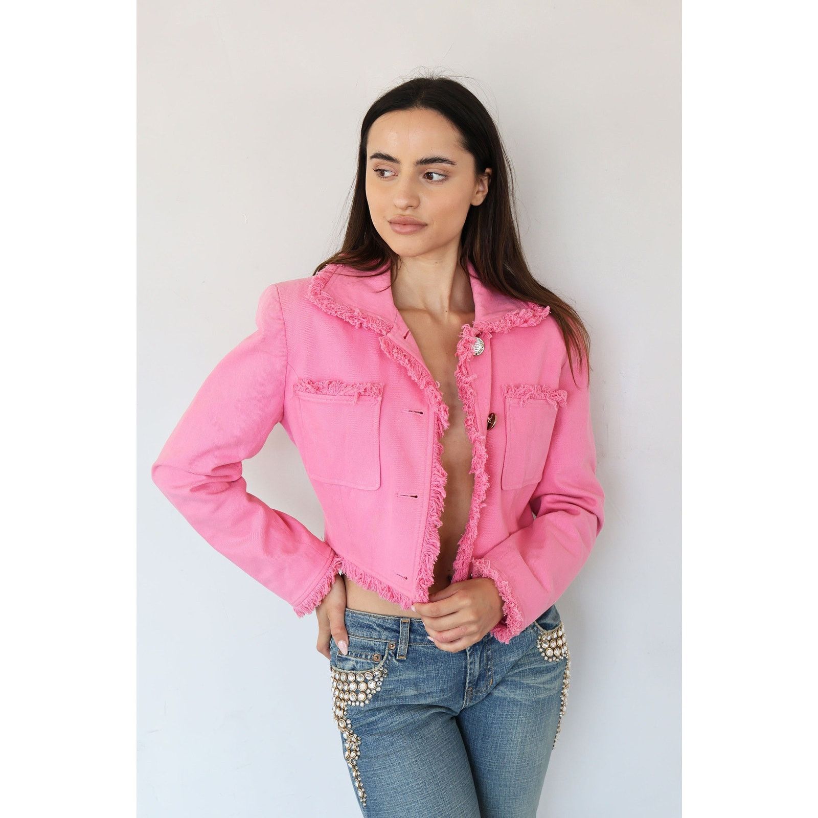 Emanuel Ungaro Vintage EMANUEL UNGARO Hot Pink Denim Jacket Frayed Trim Size M / US 6-8 / IT 42-44 - 2 Thumbnail