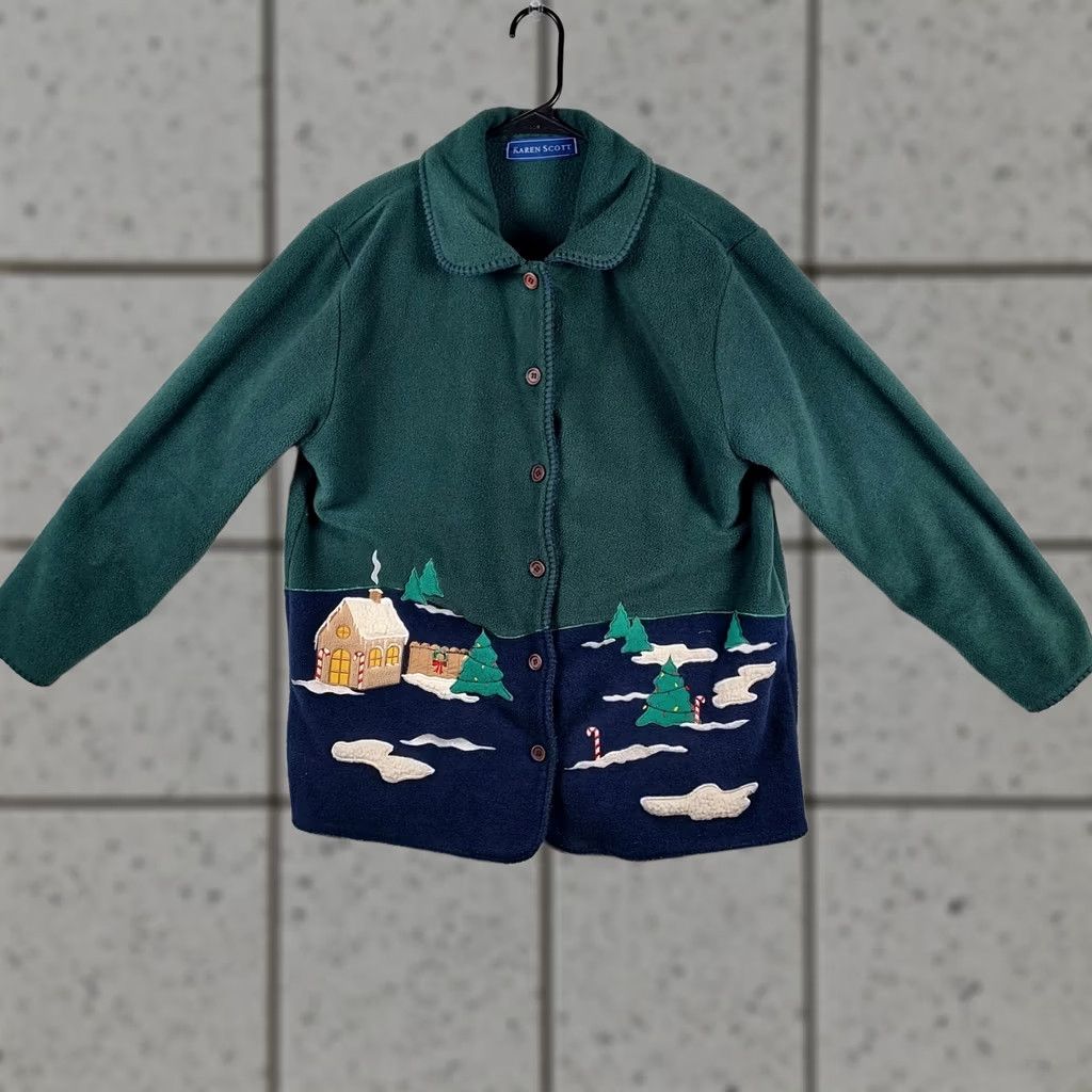 Vintage Karen Scott Christmas Fleece Jacket Women’s M Green Embroidered Cabin Tree Cardigan Sweater Holiday Winter Womens Size M / US 6-8 / IT 42-44 - 1 Thumbnail