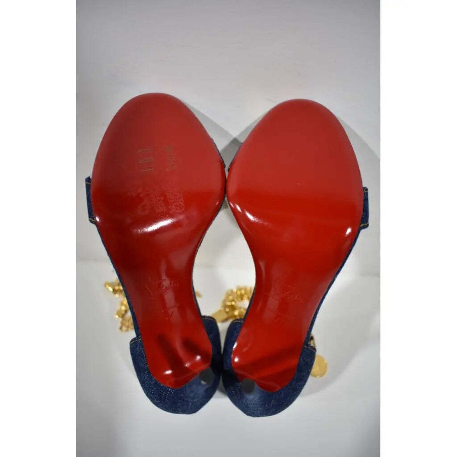Christian Louboutin Gourmi Sandal 100 Denim Gold Charm Ankle Strap Heel Pump 37 Size US 7 / IT 37 - 12 Thumbnail