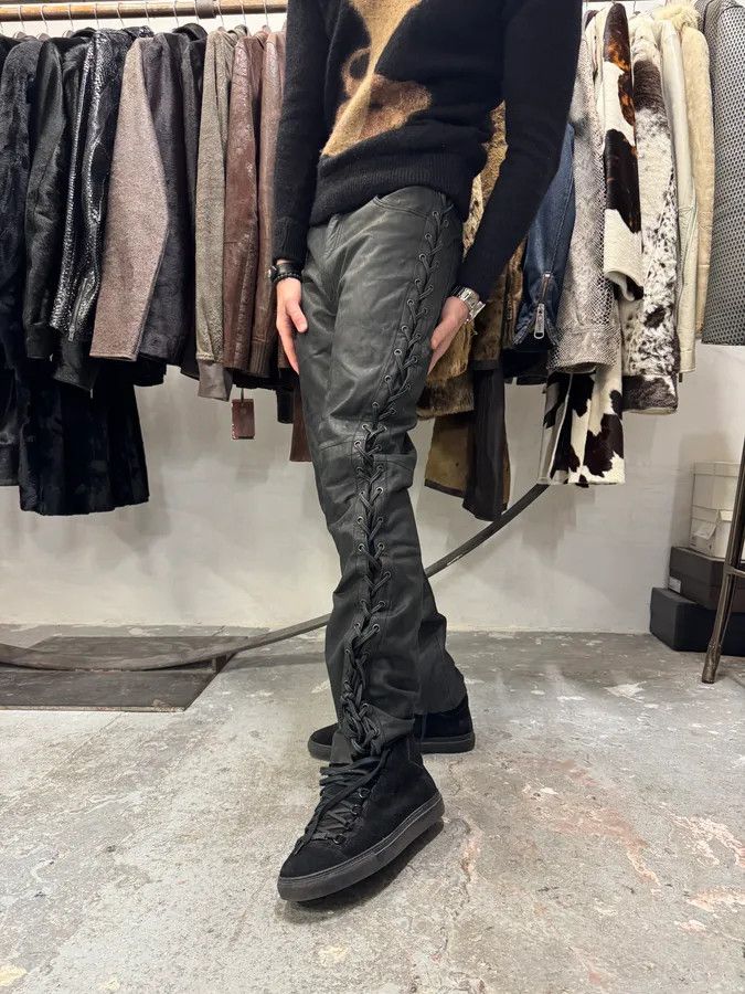 Vintage 1990s Archive Black Leather Laced Pants Size US 33 - 3 Thumbnail