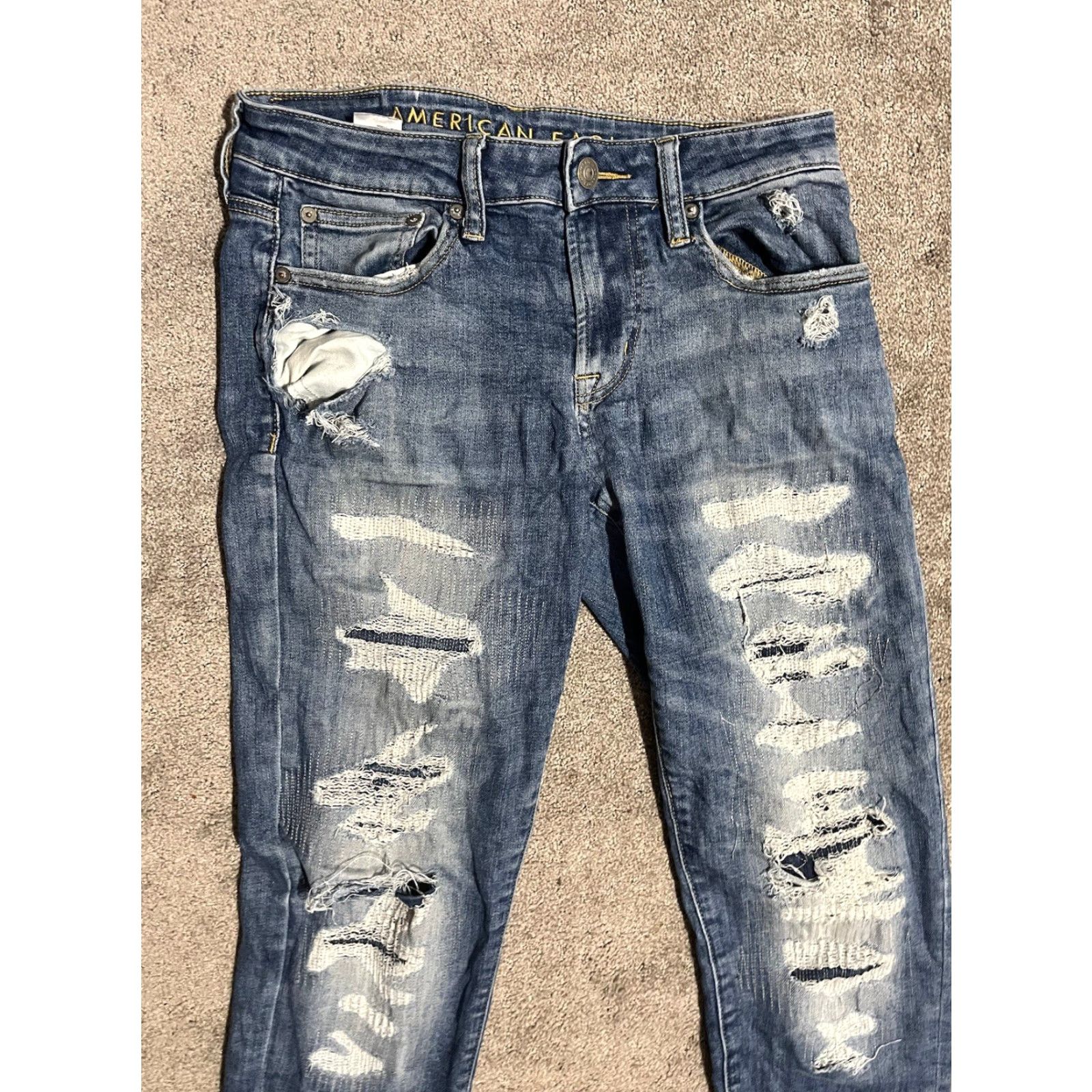 American Eagle Outfitters American Eagle Jeans Men's Skinny Size 30x34 Light Wash Blue Destroyed Distressd Mens Size US 30 / EU 46 - 4 Thumbnail