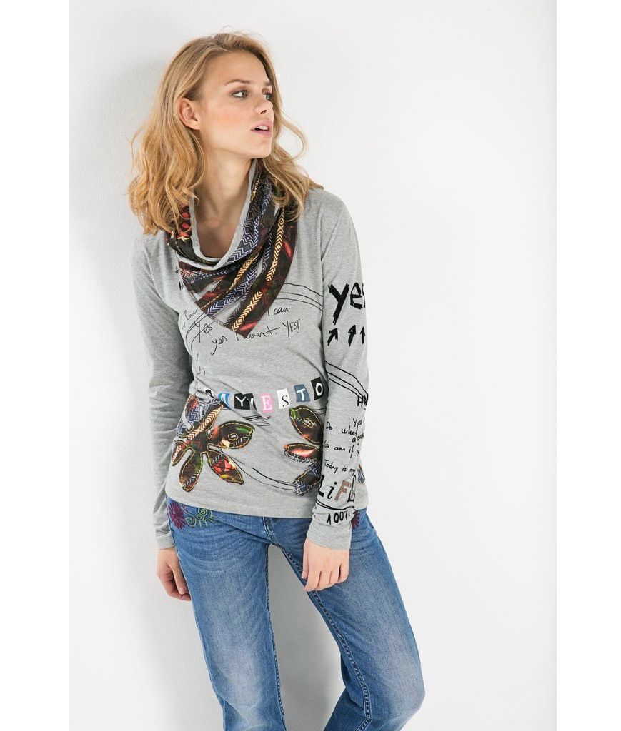 Desigual Desigual Womens Gray Long Sleeve Graphic Top Cowl Neck Shirt Size L / US 10 / IT 46 - 1 Thumbnail