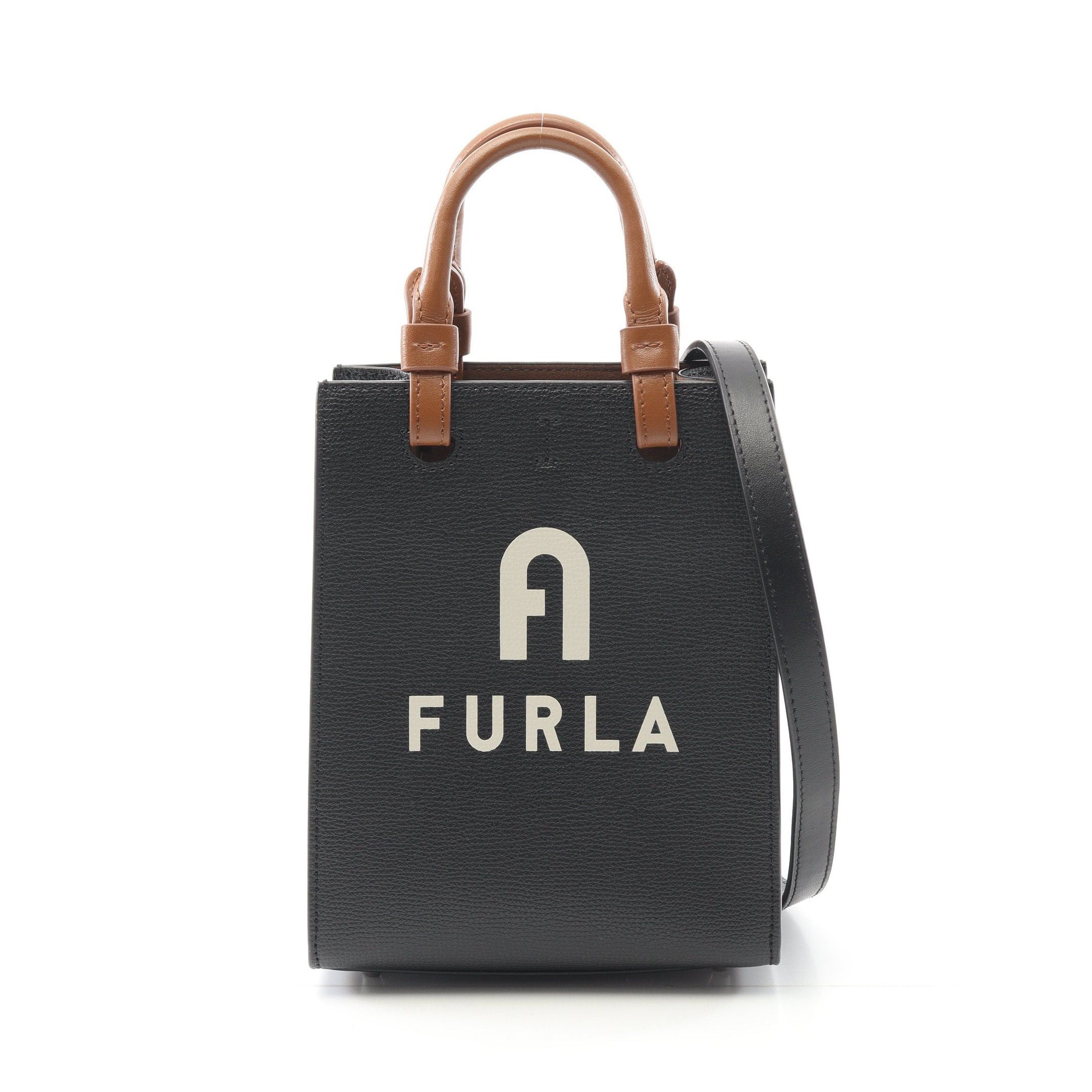 Furla Varsity Style Handbag Leather Black Brown