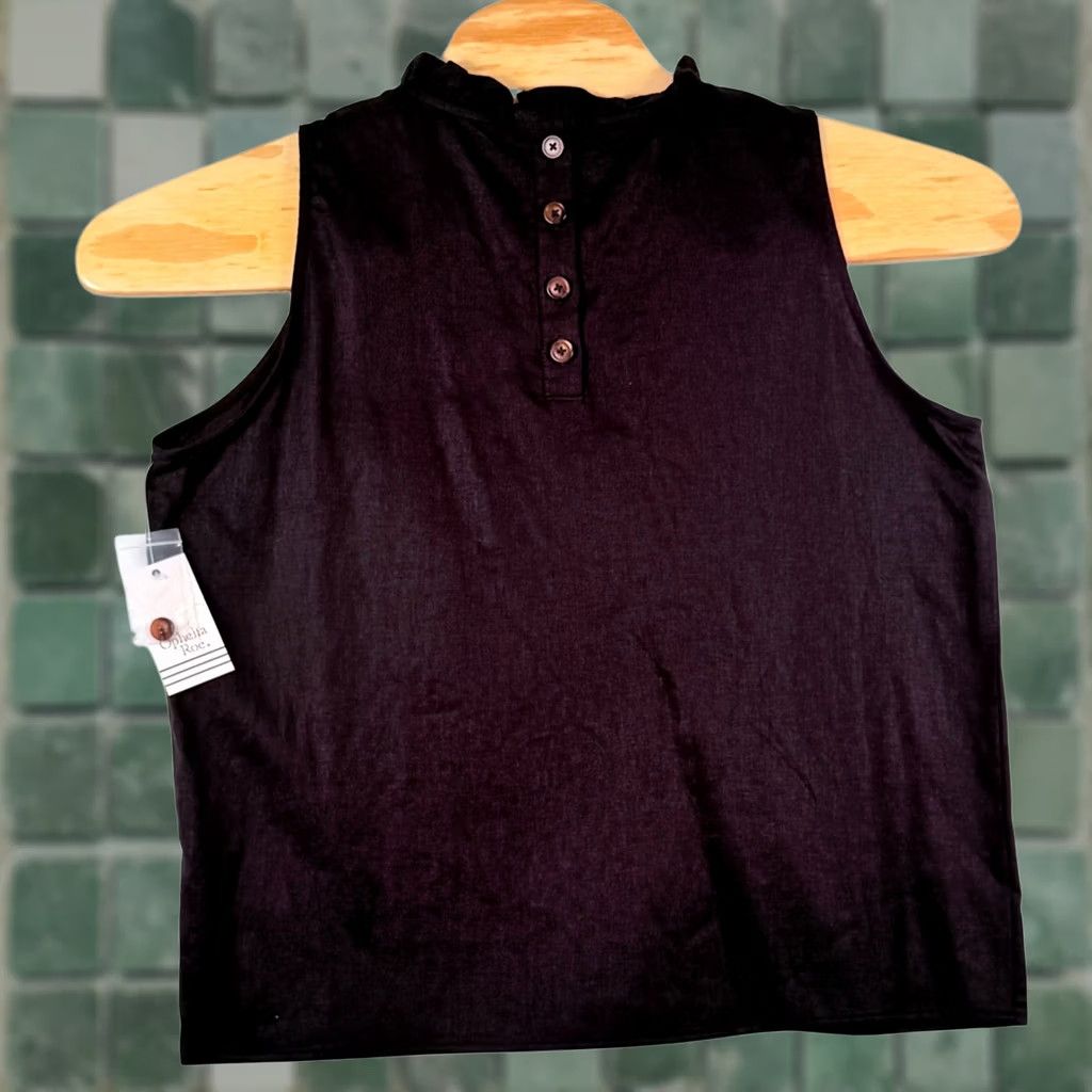 Vintage Ophelia Roe Tank Women L Black High Neck Ruffle Button Back Linen Rayon Blend Sleeveless Summer Casual Office Size L / US 10 / IT 46 - 1 Thumbnail