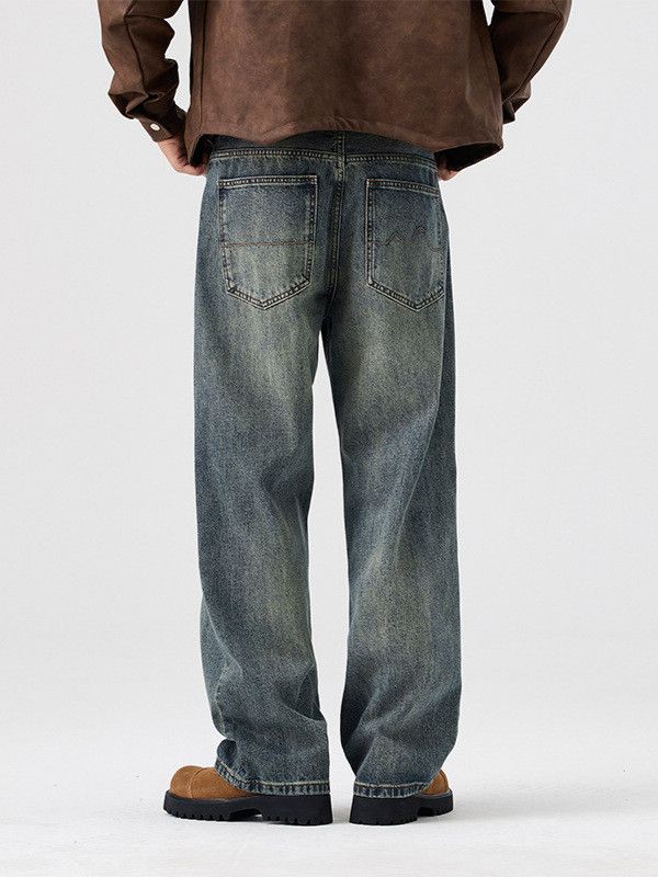 Japanese Brand Men's Retro Loose Wide-Leg Straight Washed Distressed Jeans Size US 32 / EU 48 - 4 Thumbnail